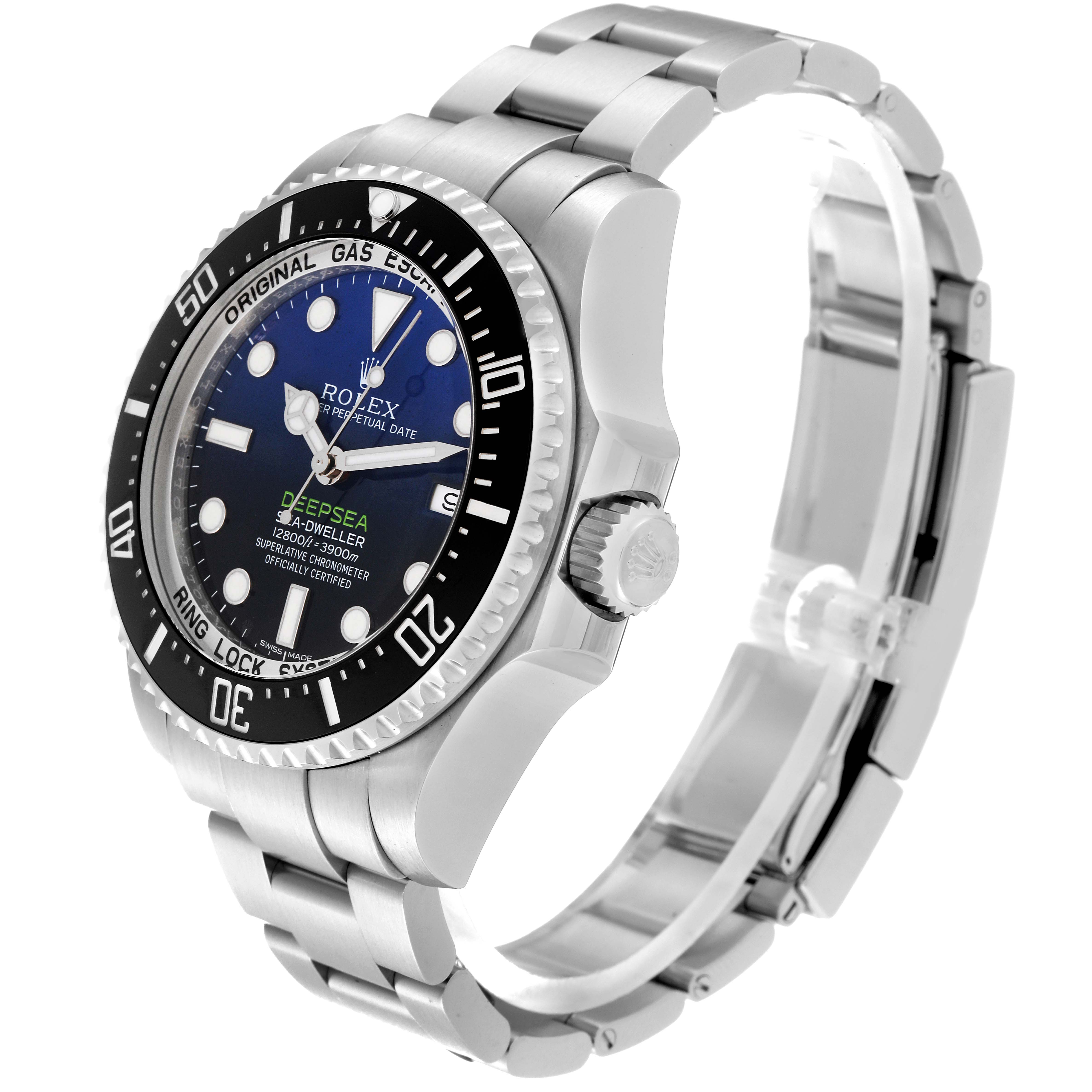 This image shows a side angle of the Rolex Sea-Dweller 116660 Men's Stainless Steel Blue Dial 116660 Men's Stainless Steel Blue Dial watch, highlighting the bezel, crown, and stainless steel bracelet.