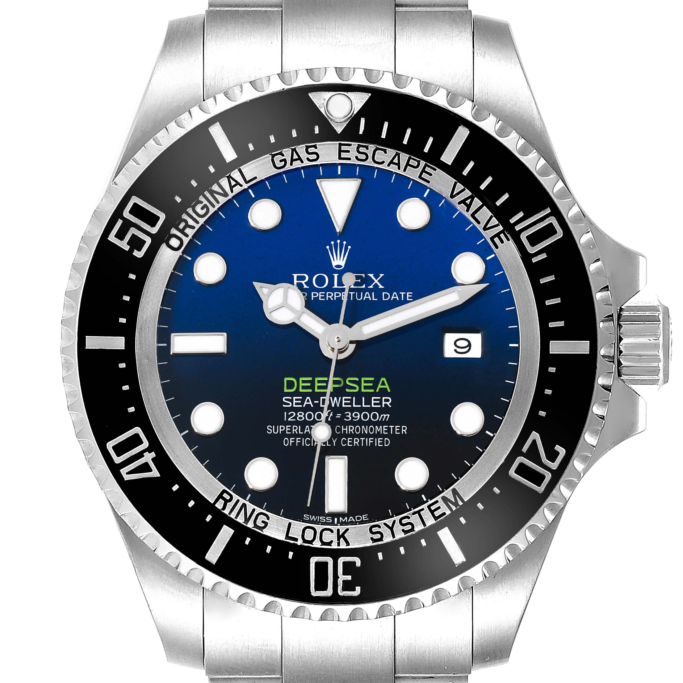 The image shows a front view of the Rolex Sea-Dweller 116660 Men's Stainless Steel Blue Dial 116660 Men's Stainless Steel Blue Dial watch, highlighting the bezel, dial, hands, and date display.