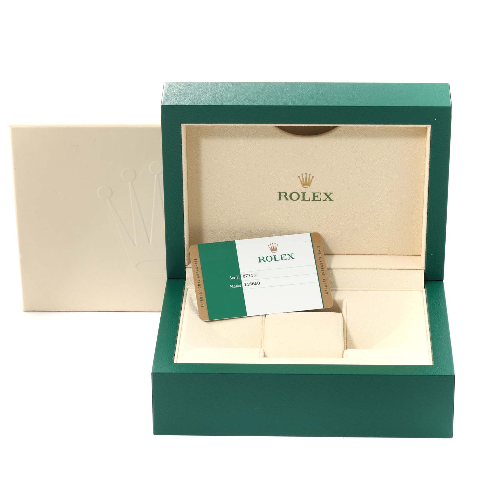 The image shows the packaging and warranty card of a Rolex Sea-Dweller 116660 Men's Stainless Steel Blue Dial 116660 Men's Stainless Steel Blue Dial watch, revealing the inner case and an outer box.