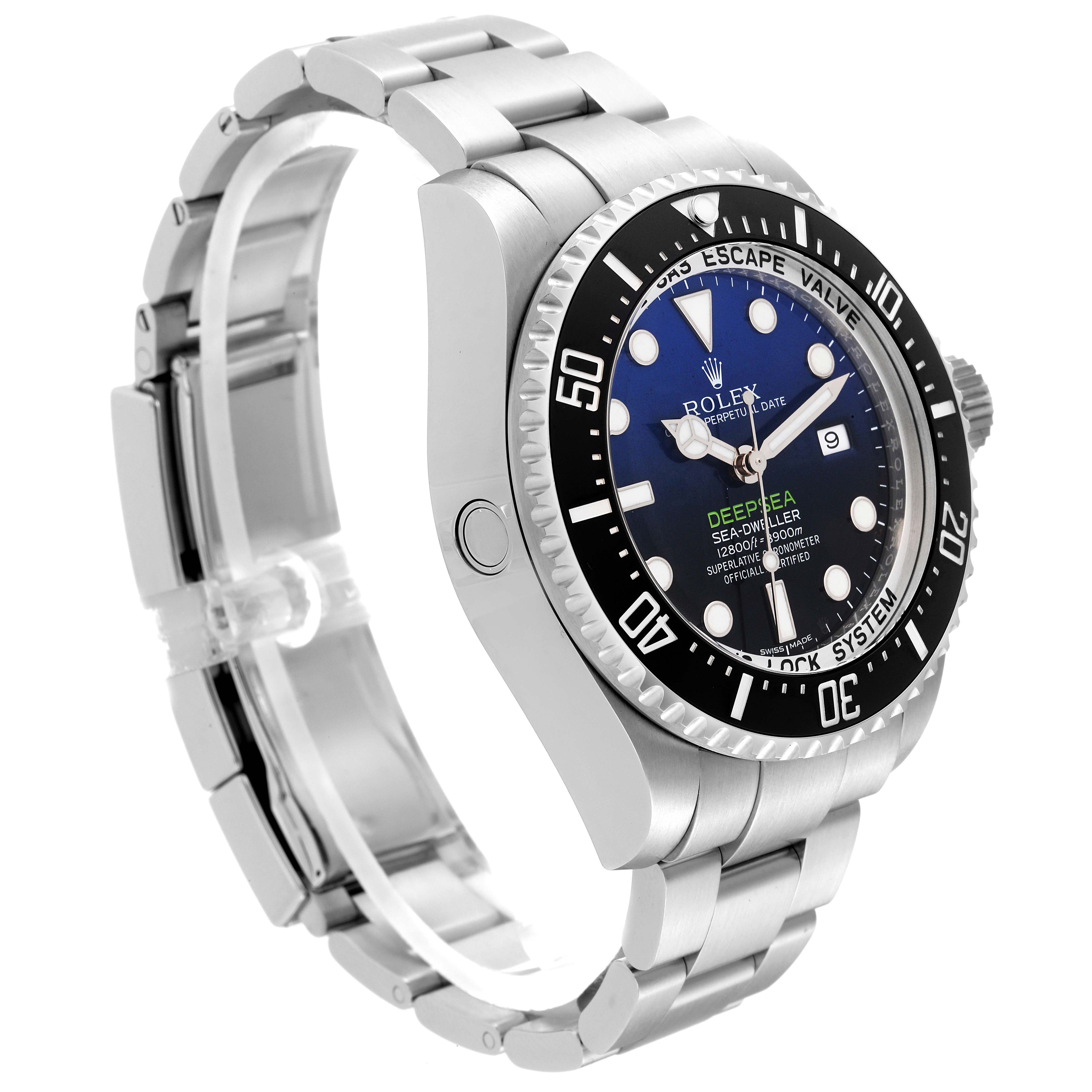 The image shows a side angle of the Rolex Sea-Dweller 116660 Men's Stainless Steel Blue Dial 116660 Men's Stainless Steel Blue Dial watch, highlighting its dial, bezel, and bracelet.