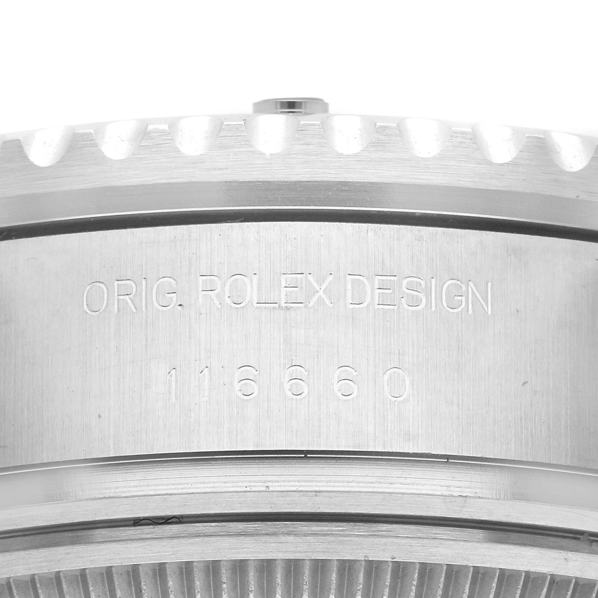 This close-up image shows the side profile of the case of a Rolex Sea-Dweller 116660 Men's Stainless Steel Blue Dial 116660 Men's Stainless Steel Blue Dial, highlighting the engraved model number 116660.