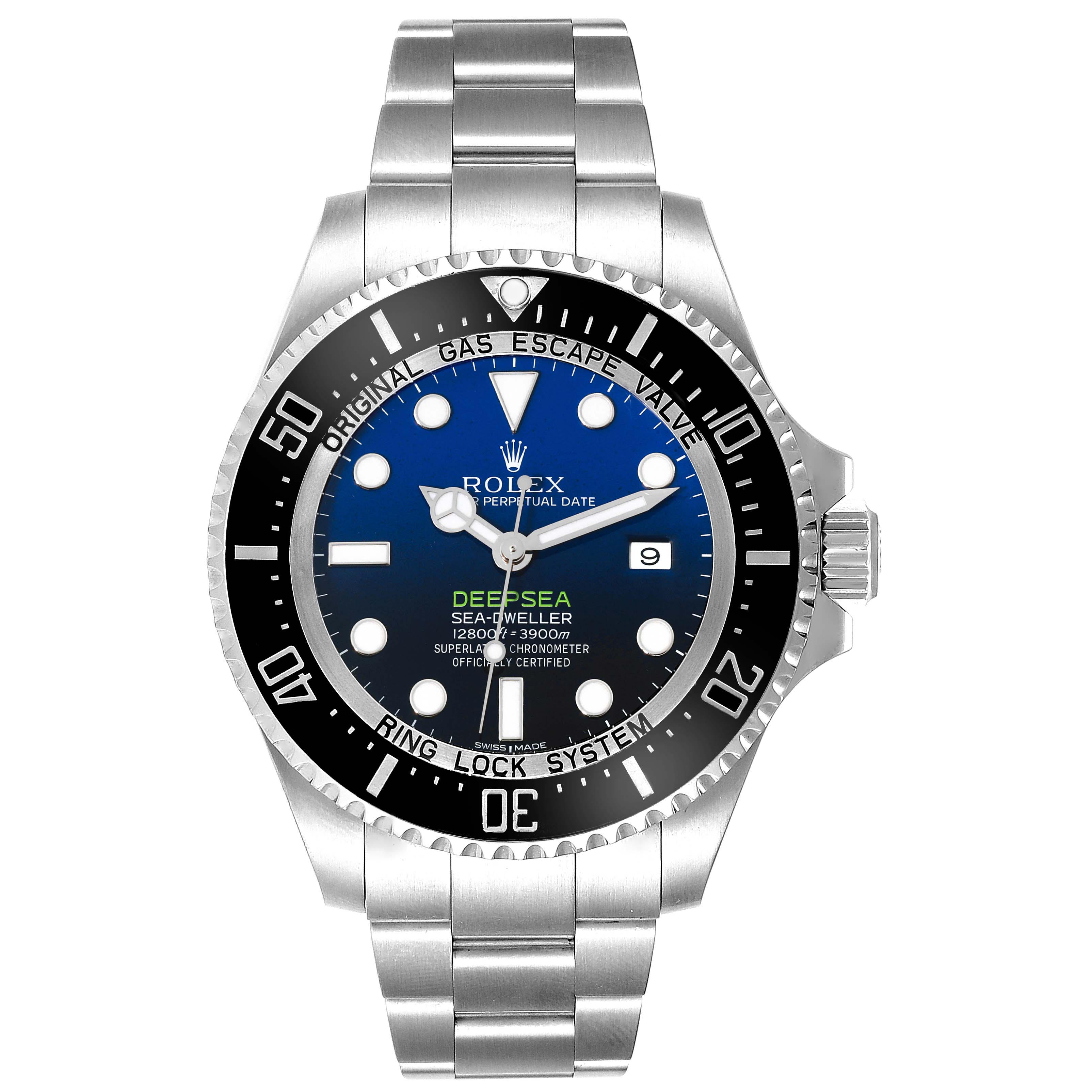 The image shows a front view of a Rolex Sea-Dweller 116660 Men's Stainless Steel Blue Dial 116660 Men's Stainless Steel Blue Dial watch, featuring its dial, bezel, and bracelet.