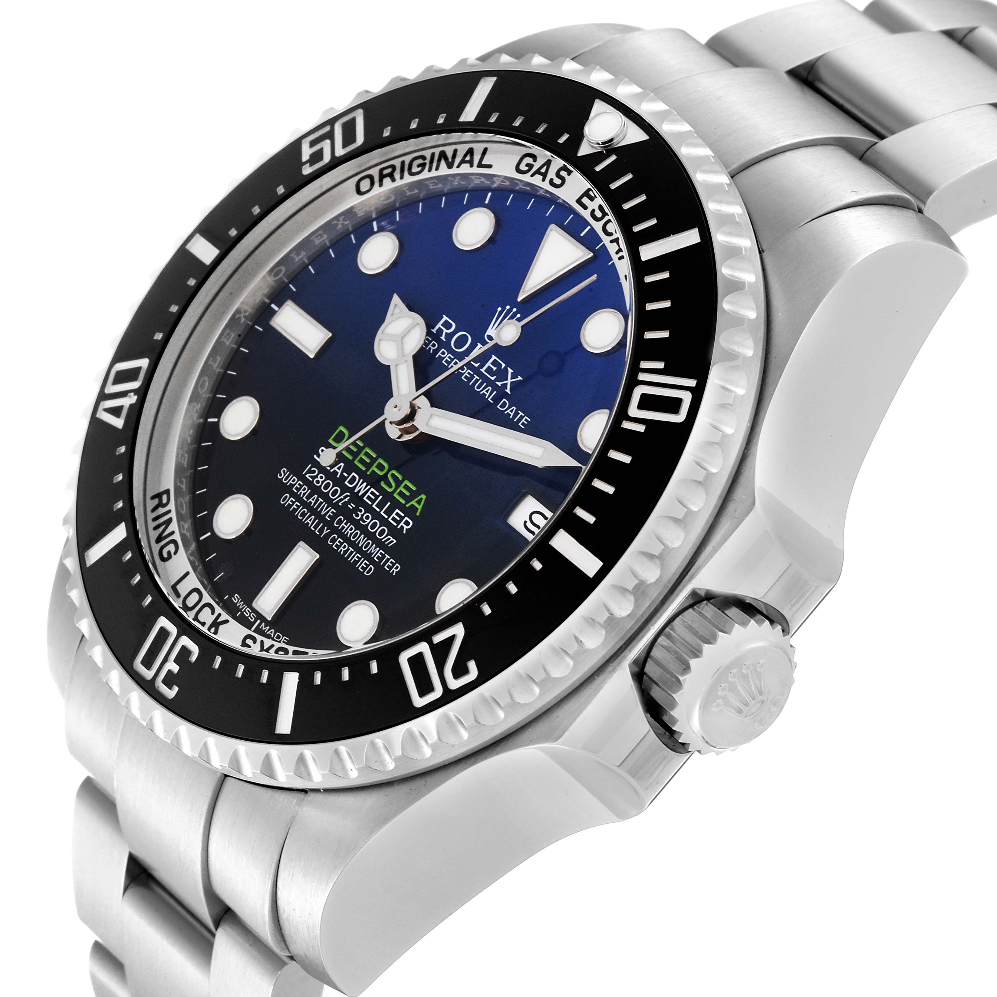 The image shows a side angle of the Rolex Sea-Dweller 116660 Men's Stainless Steel Blue Dial 116660 Men's Stainless Steel Blue Dial, highlighting the bezel, crown, and part of the bracelet.