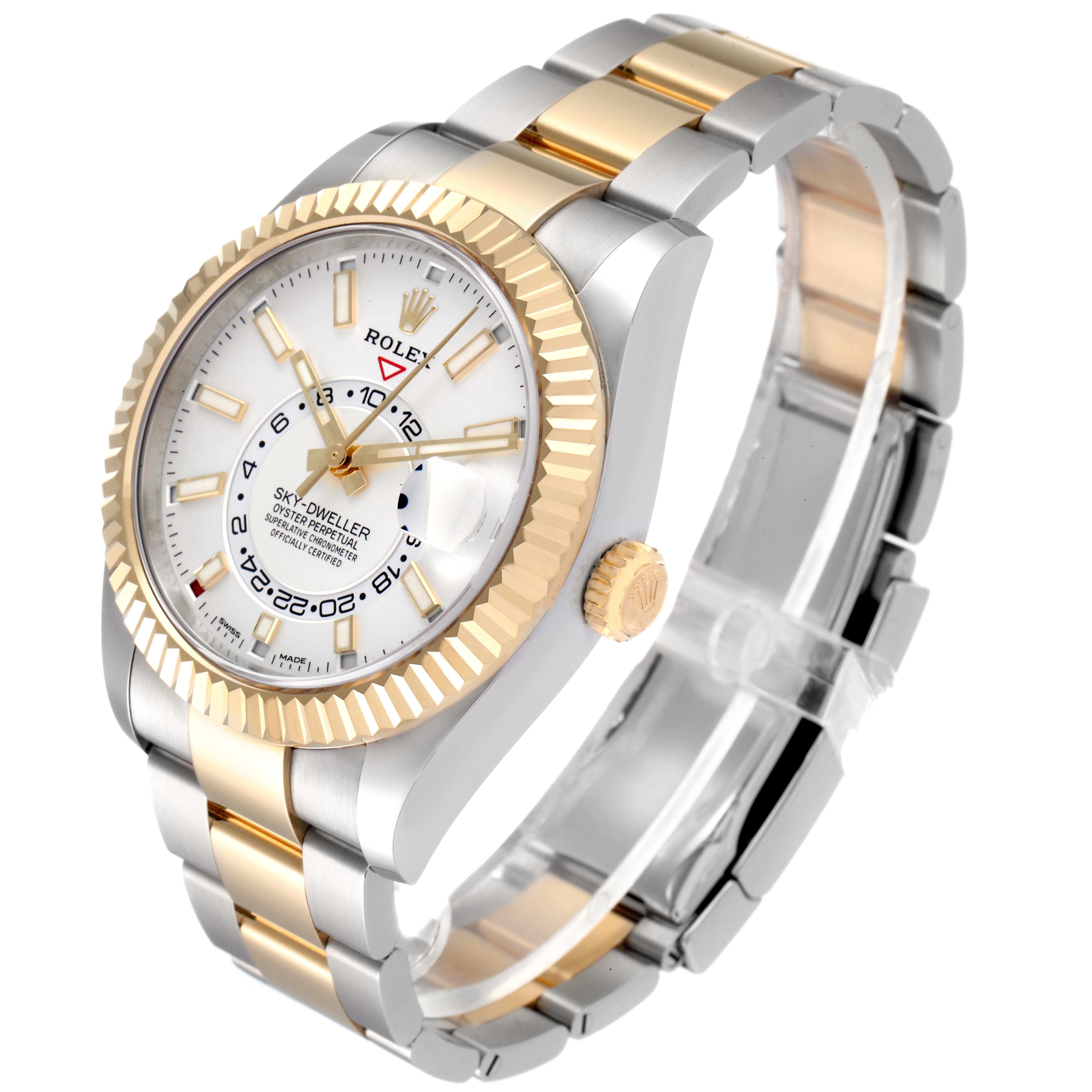 This image shows a Rolex Sky-Dweller 326933 Men's Steel and Gold (two tone) White Dial 326933 Men's Steel and Gold (two tone) White Dial watch angled from the front-left, highlighting its bezel, dial, and link bracelet.
