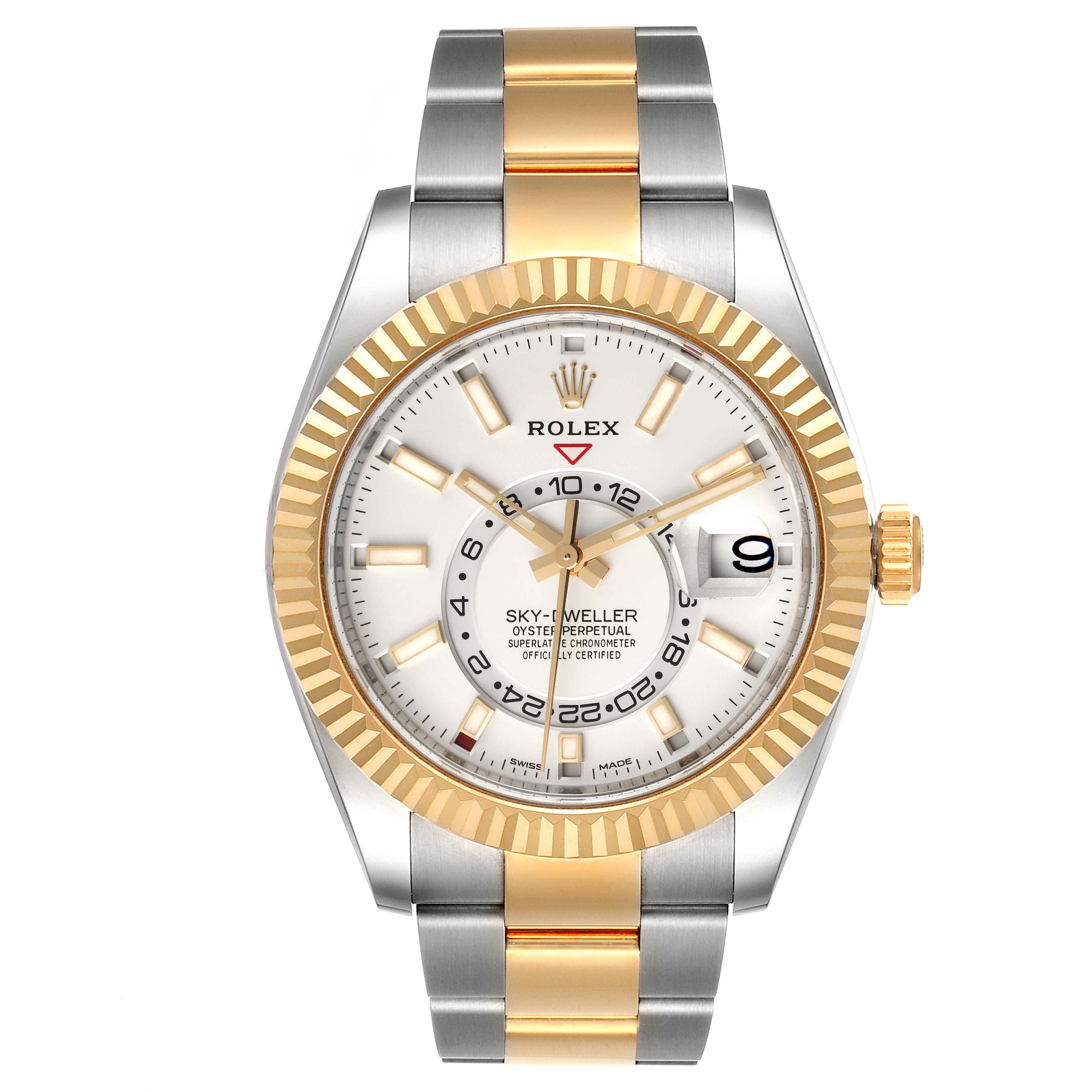 The image shows a front view of the Rolex Sky-Dweller 326933 Men's Steel and Gold (two tone) White Dial 326933 Men's Steel and Gold (two tone) White Dial watch, highlighting its dial, bezel, and two-tone bracelet.