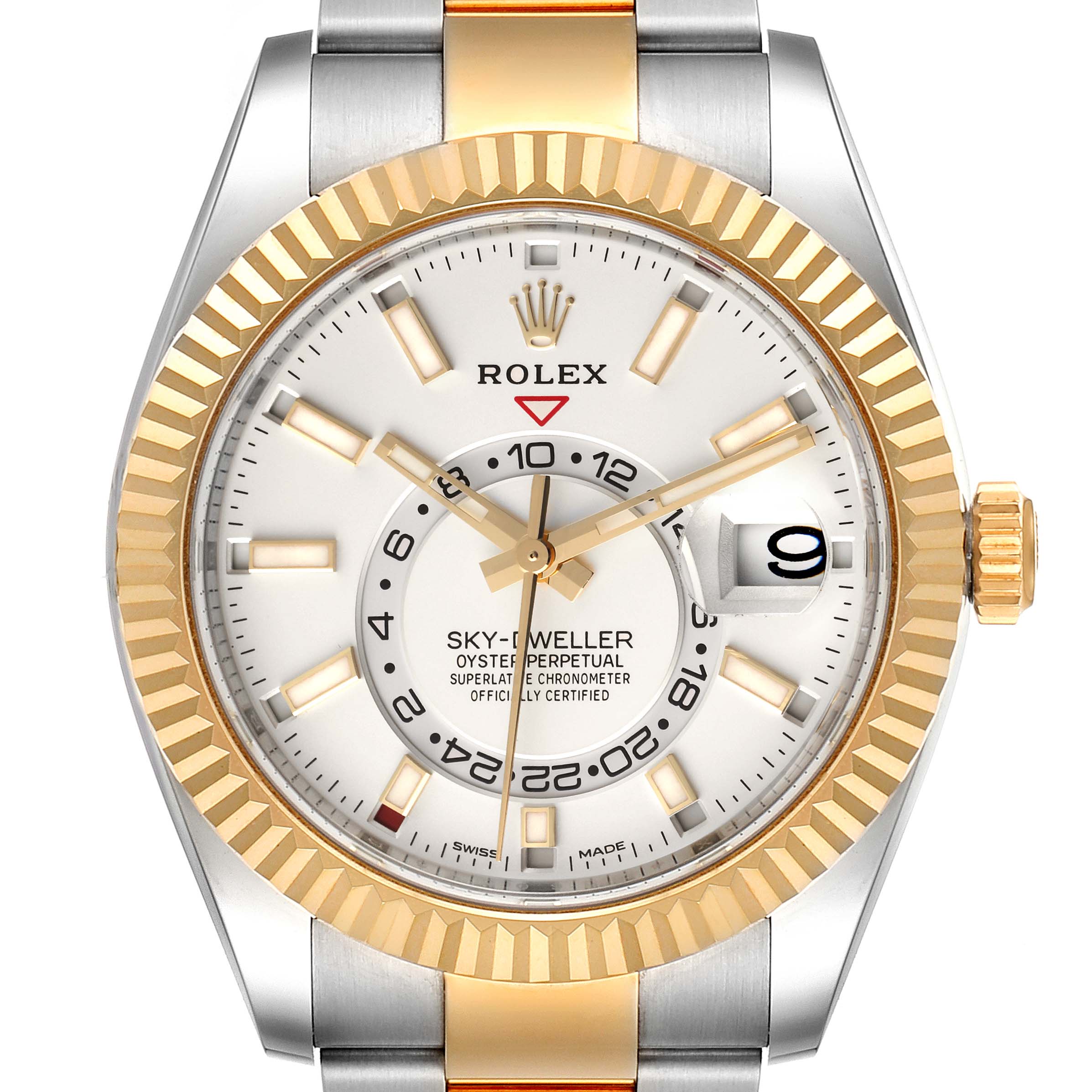 The image shows a frontal view of a Rolex Sky-Dweller 326933 Men's Steel and Gold (two tone) White Dial 326933 Men's Steel and Gold (two tone) White Dial watch, highlighting its face, bezel, and part of the stainless steel and gold band.