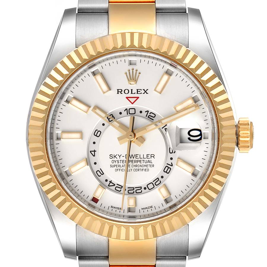 Rolex Sky Dweller Yellow Gold Steel White Dial Mens Watch 326933 Unworn SwissWatchExpo