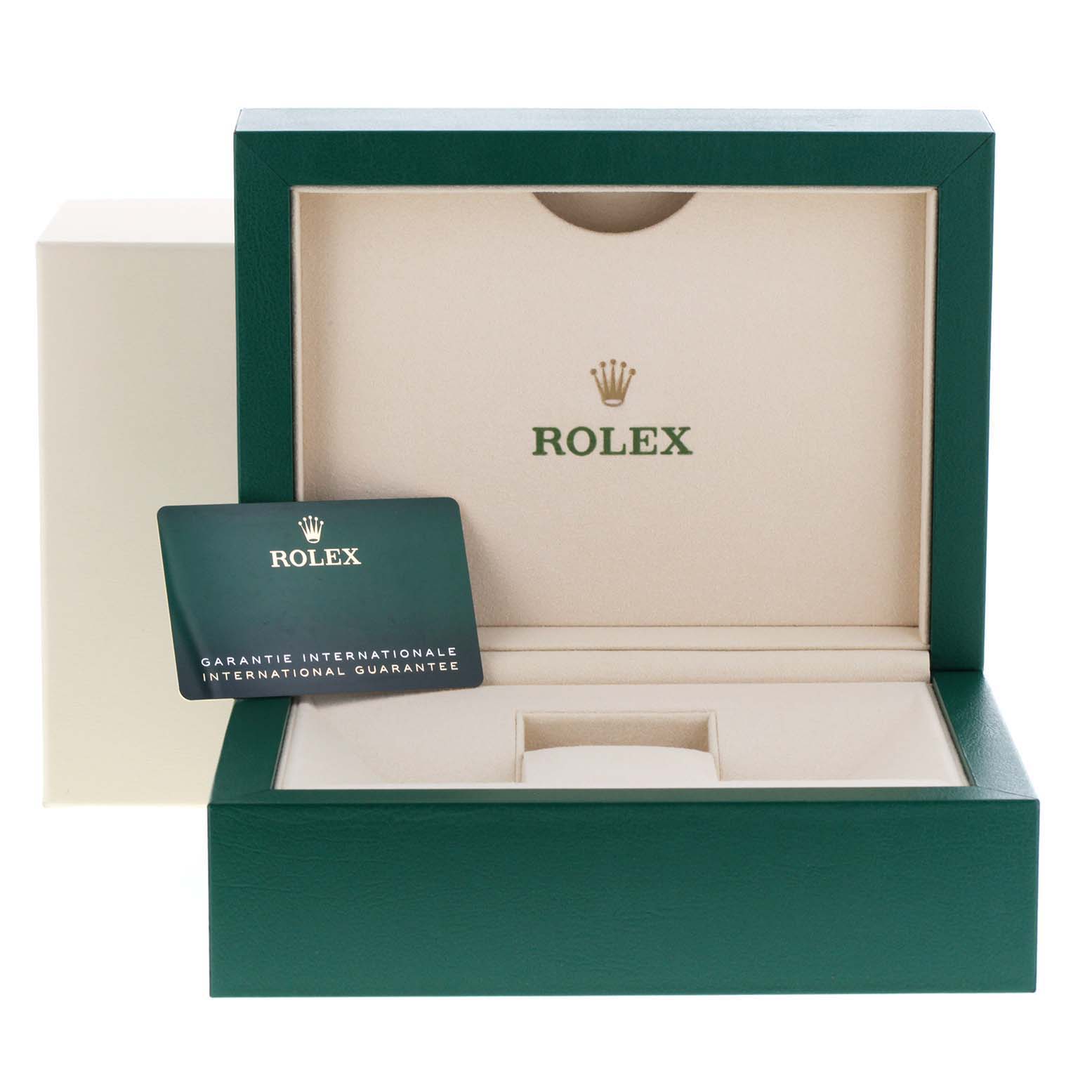 The image shows a Rolex Sky-Dweller 326933 Men's Steel and Gold (two tone) White Dial 326933 Men's Steel and Gold (two tone) White Dial watch box with an international guarantee card.