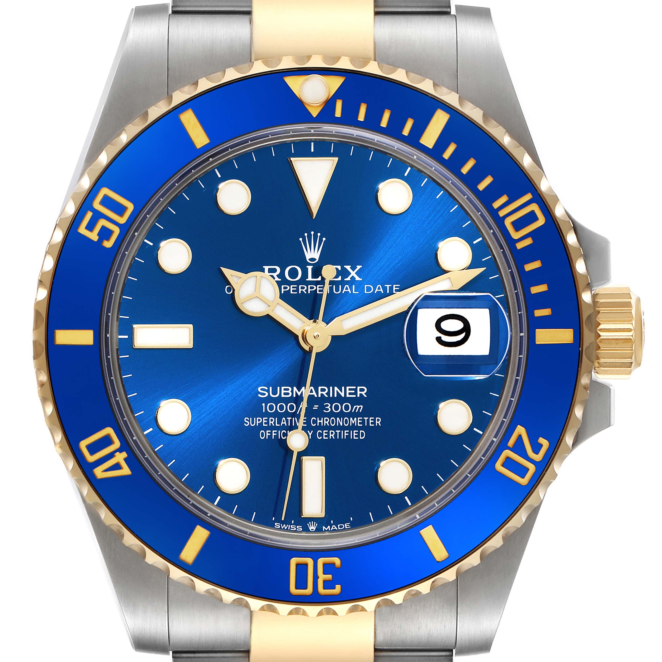 The image shows a front view of a Rolex Submariner 126613 Men's Steel and Gold (two tone) Blue Dial 126613 Men's Steel and Gold (two tone) Blue Dial with a blue dial and bezel, gold and stainless steel accents, and a date window at 3 o'clock.