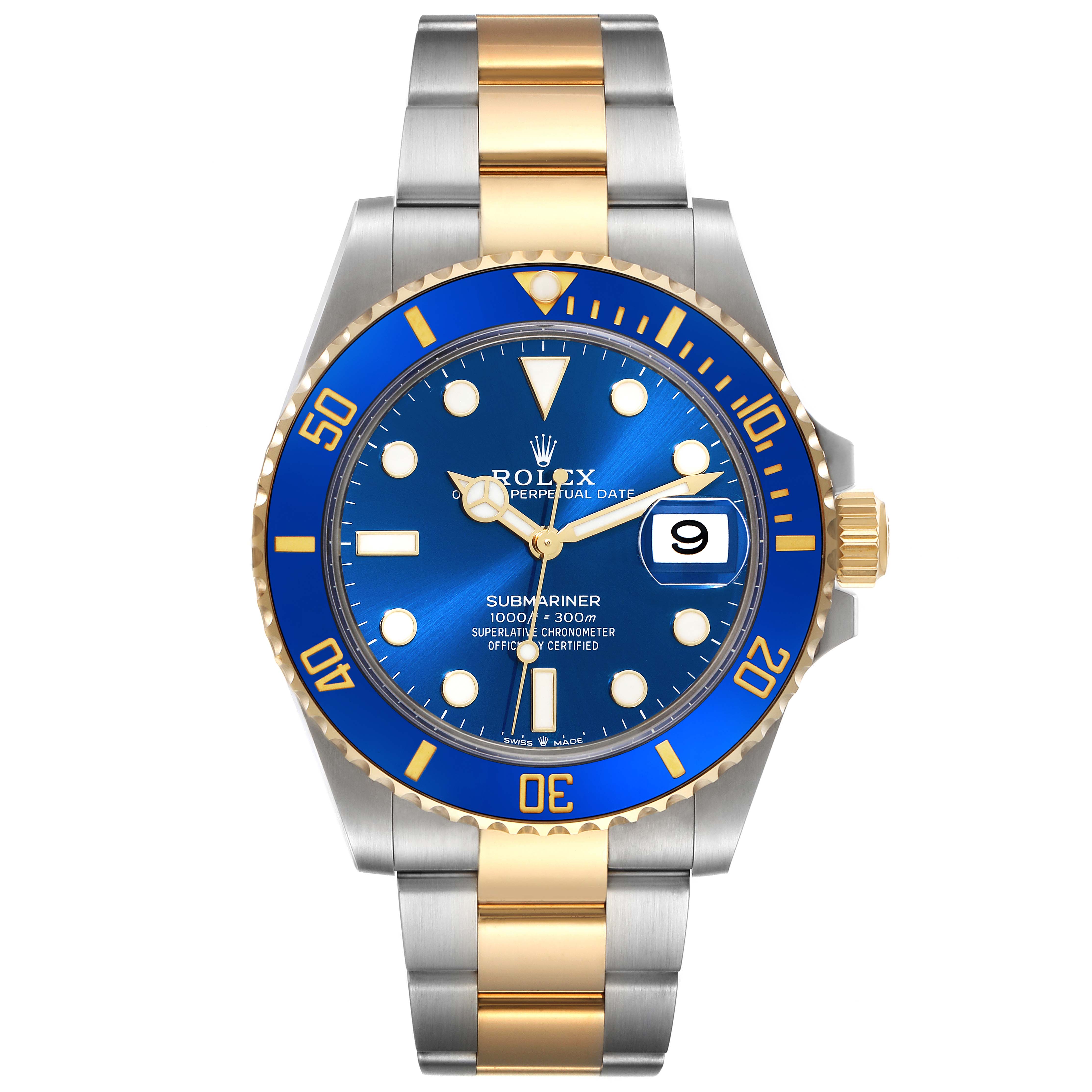 This Rolex Submariner 126613 Men's Steel and Gold (two tone) Blue Dial 126613 Men's Steel and Gold (two tone) Blue Dial watch is shown from the front angle, displaying the dial, bezel, and full bracelet.