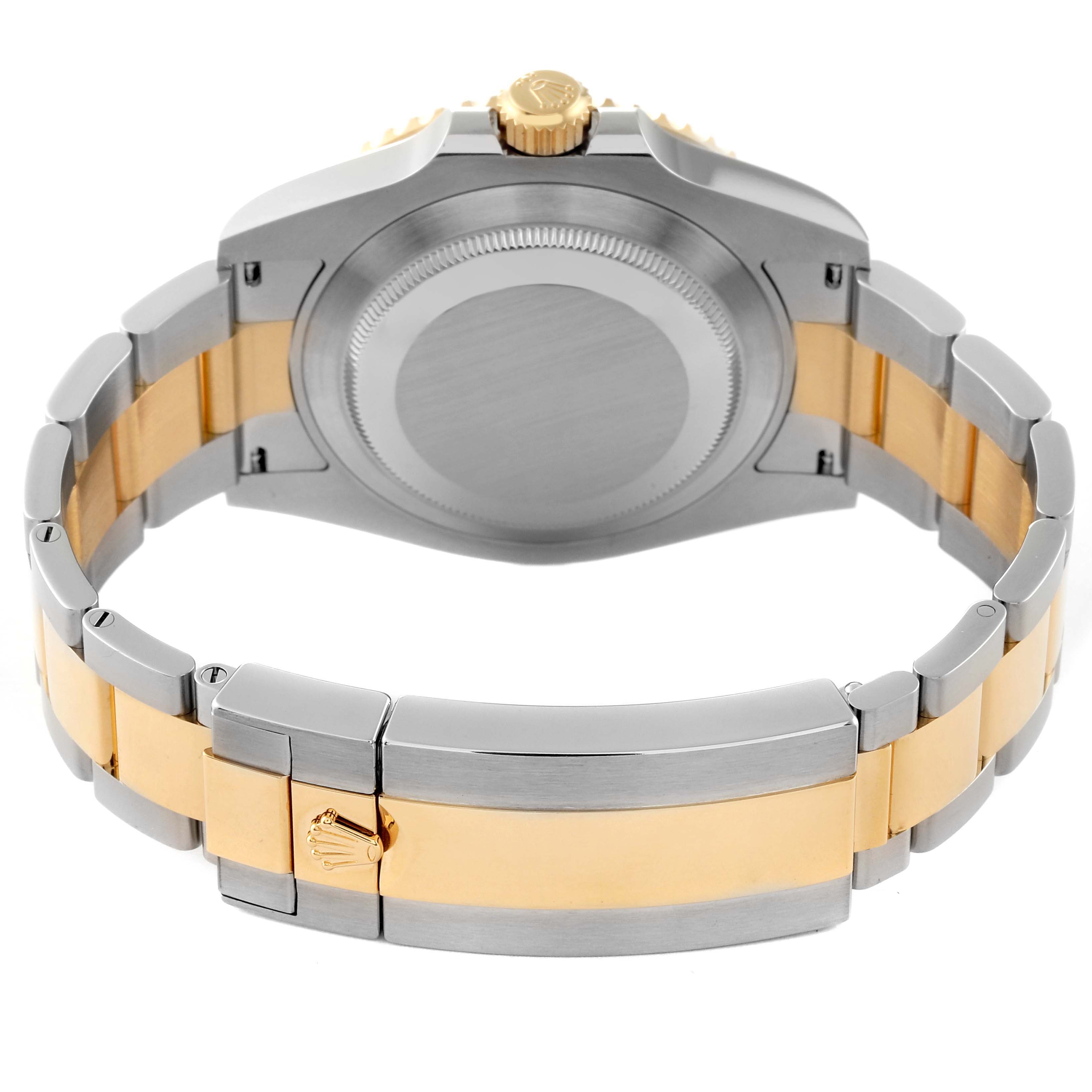 The image shows the back case, crown, and bracelet of a Rolex Submariner 126613 Men's Steel and Gold (two tone) Blue Dial 126613 Men's Steel and Gold (two tone) Blue Dial watch, focusing on its two-tone metal design.