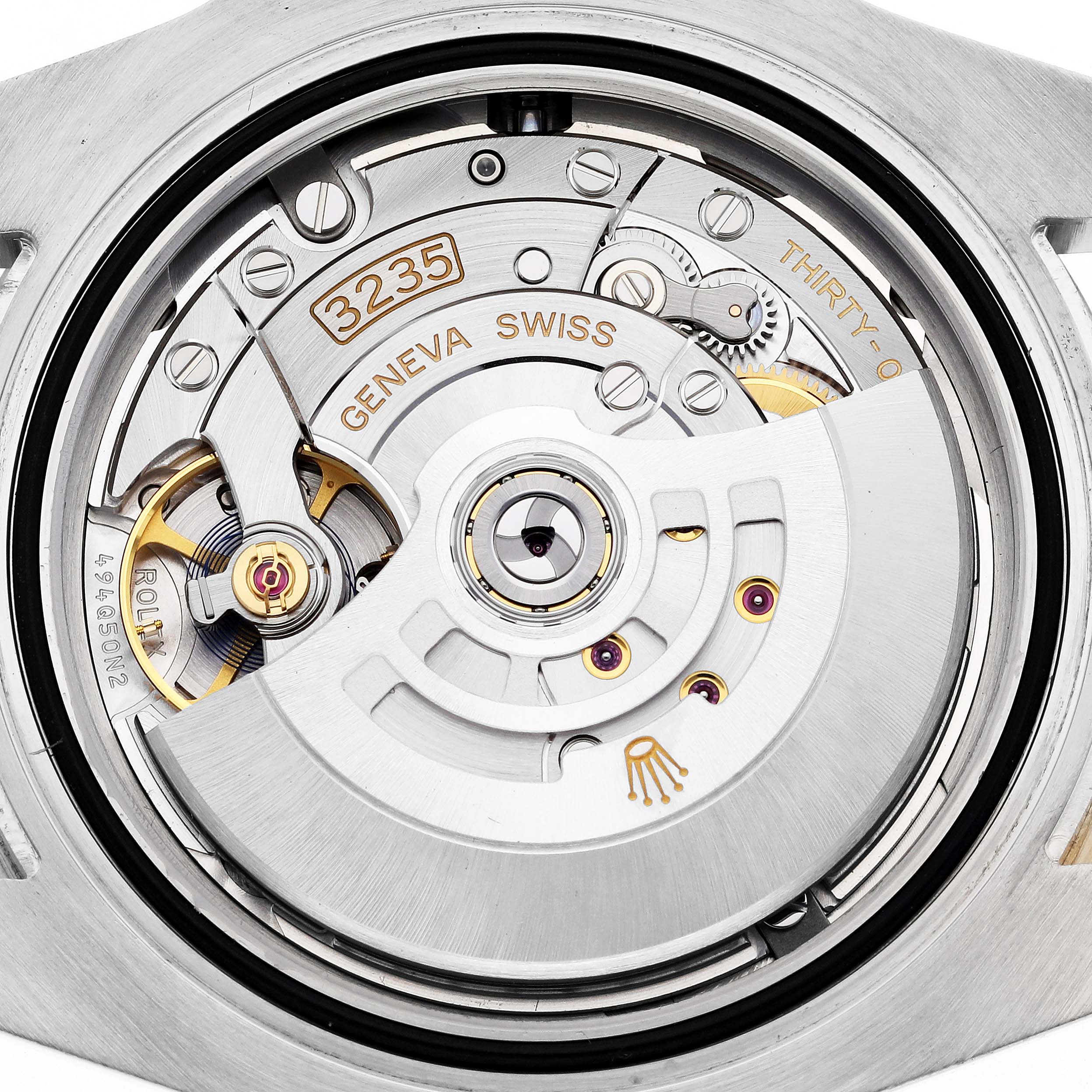 The image shows the back view of the Rolex Submariner 126613LB Men's Steel and Gold (two tone) Blue Dial 126613LB Men's Steel and Gold (two tone) Blue Dial, revealing its intricate internal movement mechanics.