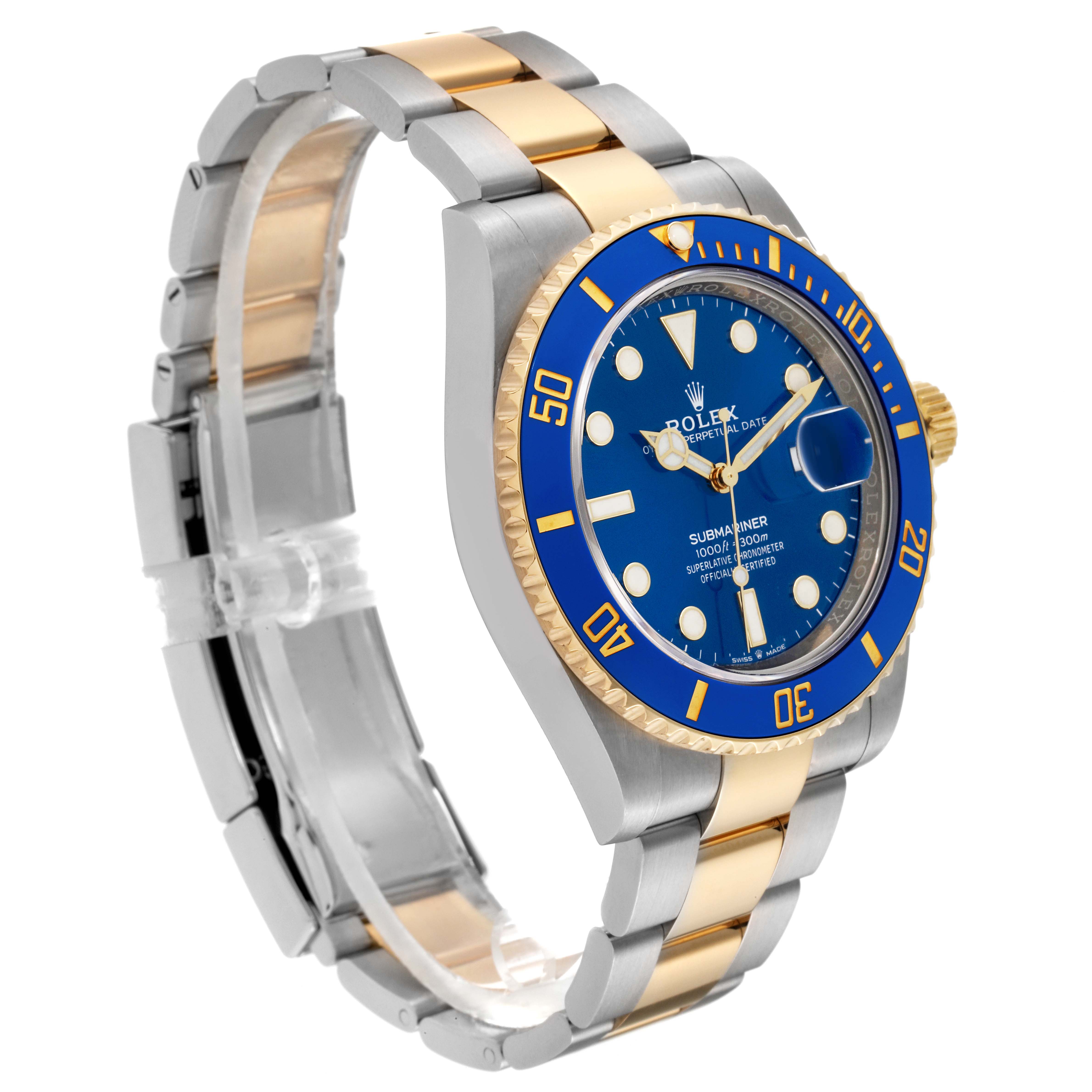 This image shows a side angle of a Rolex Submariner 126613LB Men's Steel and Gold (two tone) Blue Dial 126613LB Men's Steel and Gold (two tone) Blue Dial watch, highlighting its blue dial, blue bezel, and two-tone gold and silver bracelet.