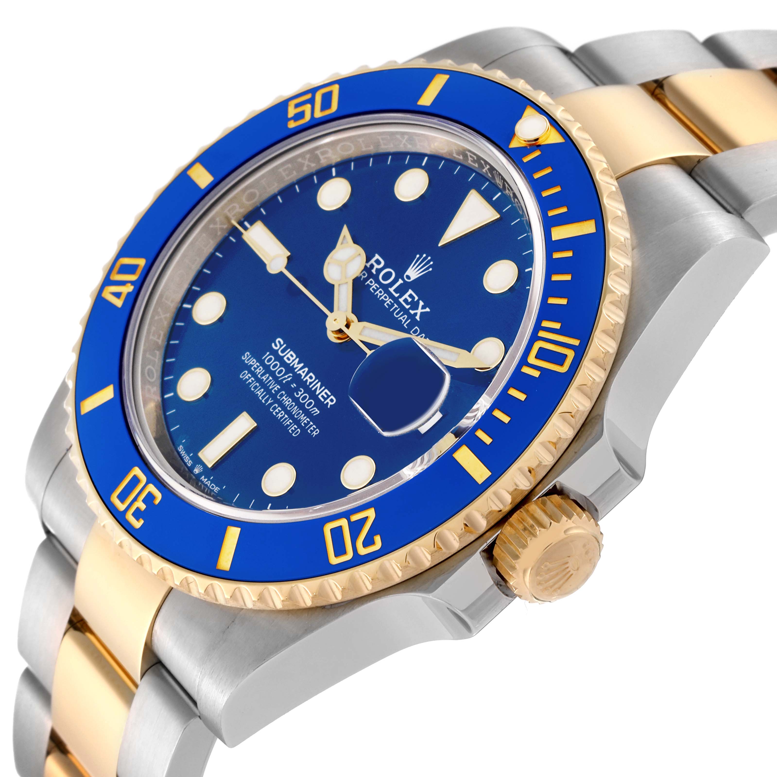 The Rolex Submariner 126613LB Men's Steel and Gold (two tone) Blue Dial 126613LB Men's Steel and Gold (two tone) Blue Dial watch is shown from an angled side view, showcasing the blue dial, bezel, crown, and part of the bracelet.