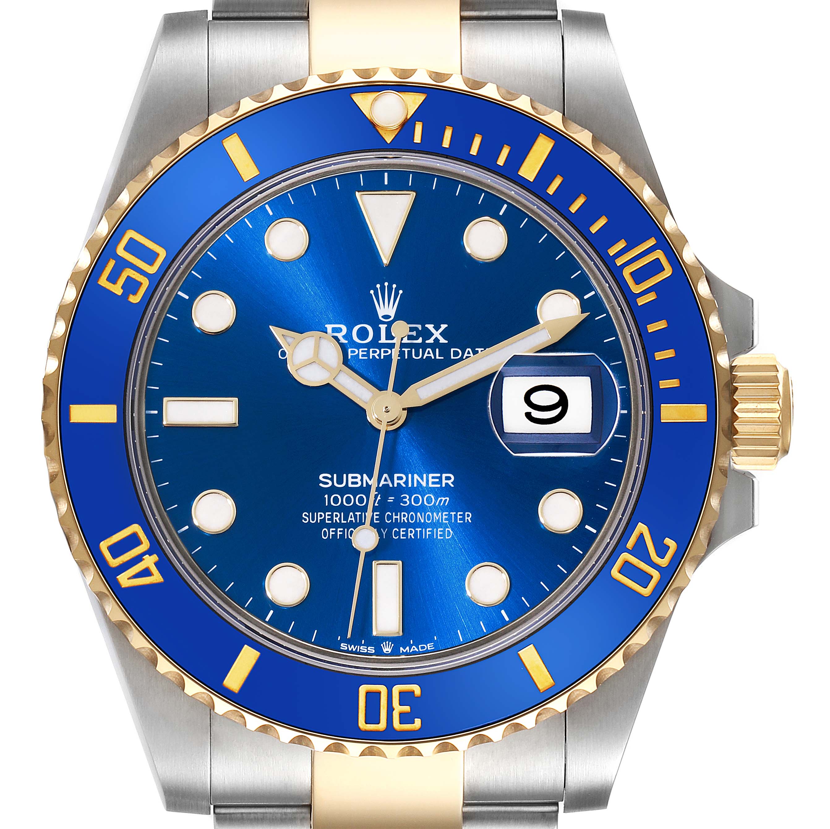 This image shows a front view of a Rolex Submariner 126613LB Men's Steel and Gold (two tone) Blue Dial 126613LB Men's Steel and Gold (two tone) Blue Dial watch, highlighting the blue dial, bezel, and gold accents.