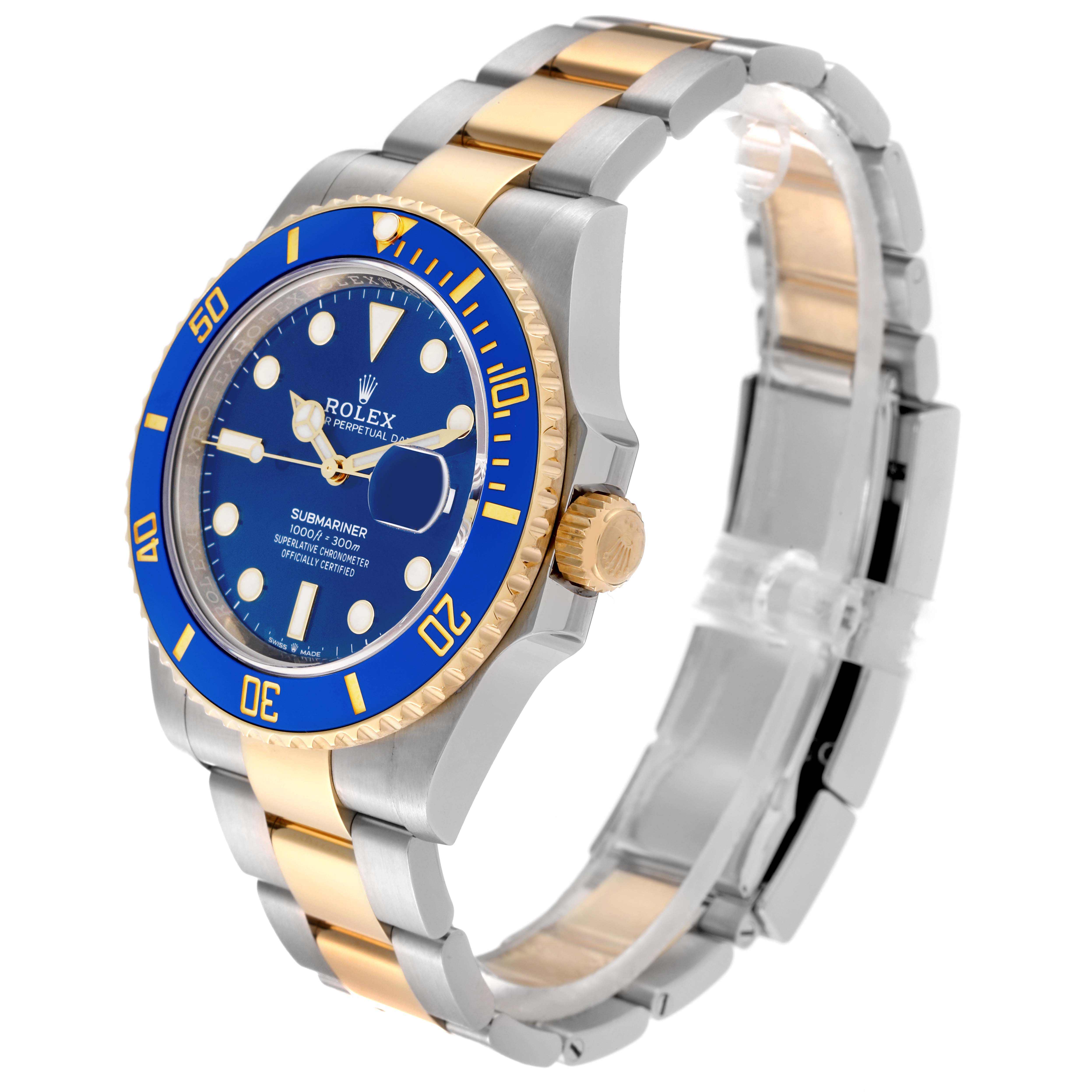 The image shows a Rolex Submariner 126613LB Men's Steel and Gold (two tone) Blue Dial 126613LB Men's Steel and Gold (two tone) Blue Dial watch at an oblique angle, highlighting the bezel, dial, crown, and two-tone bracelet.
