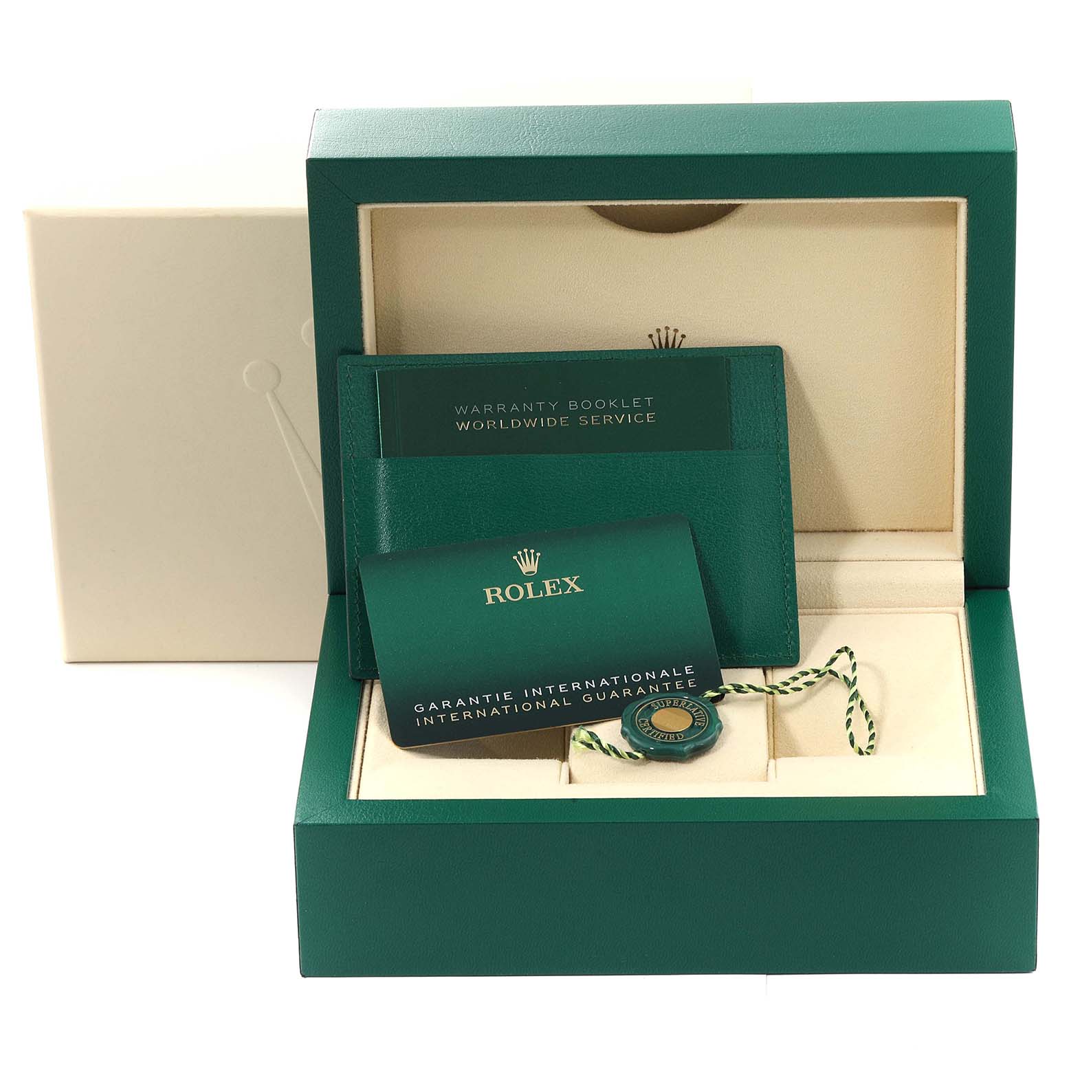 The image shows a Rolex Submariner 126613LB Men's Steel and Gold (two tone) Blue Dial 126613LB Men's Steel and Gold (two tone) Blue Dial's green watch box, warranty booklet, guarantee card, and tag from a front angle.