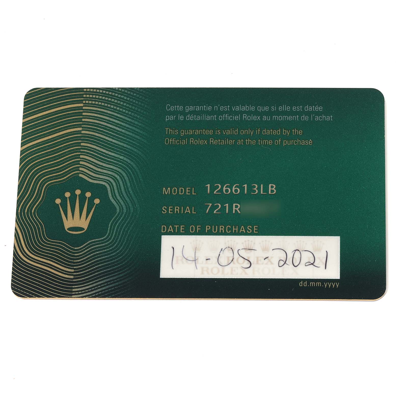 This image shows a warranty card for the Rolex Submariner 126613LB Men's Steel and Gold (two tone) Blue Dial 126613LB Men's Steel and Gold (two tone) Blue Dial model 126613LB.