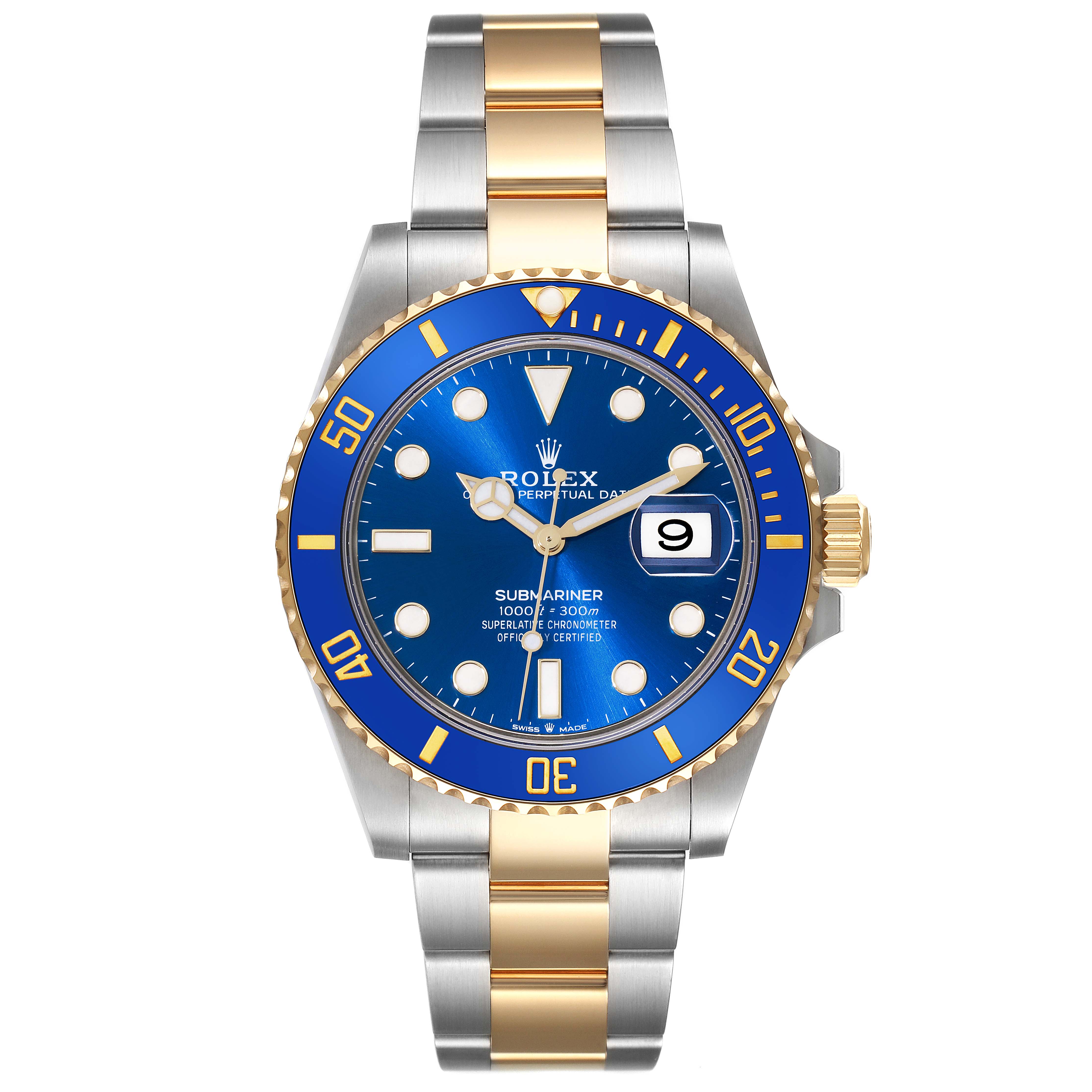 This image shows a front view of a Rolex Submariner 126613LB Men's Steel and Gold (two tone) Blue Dial 126613LB Men's Steel and Gold (two tone) Blue Dial watch with a blue dial and a two-tone stainless steel and gold bracelet.