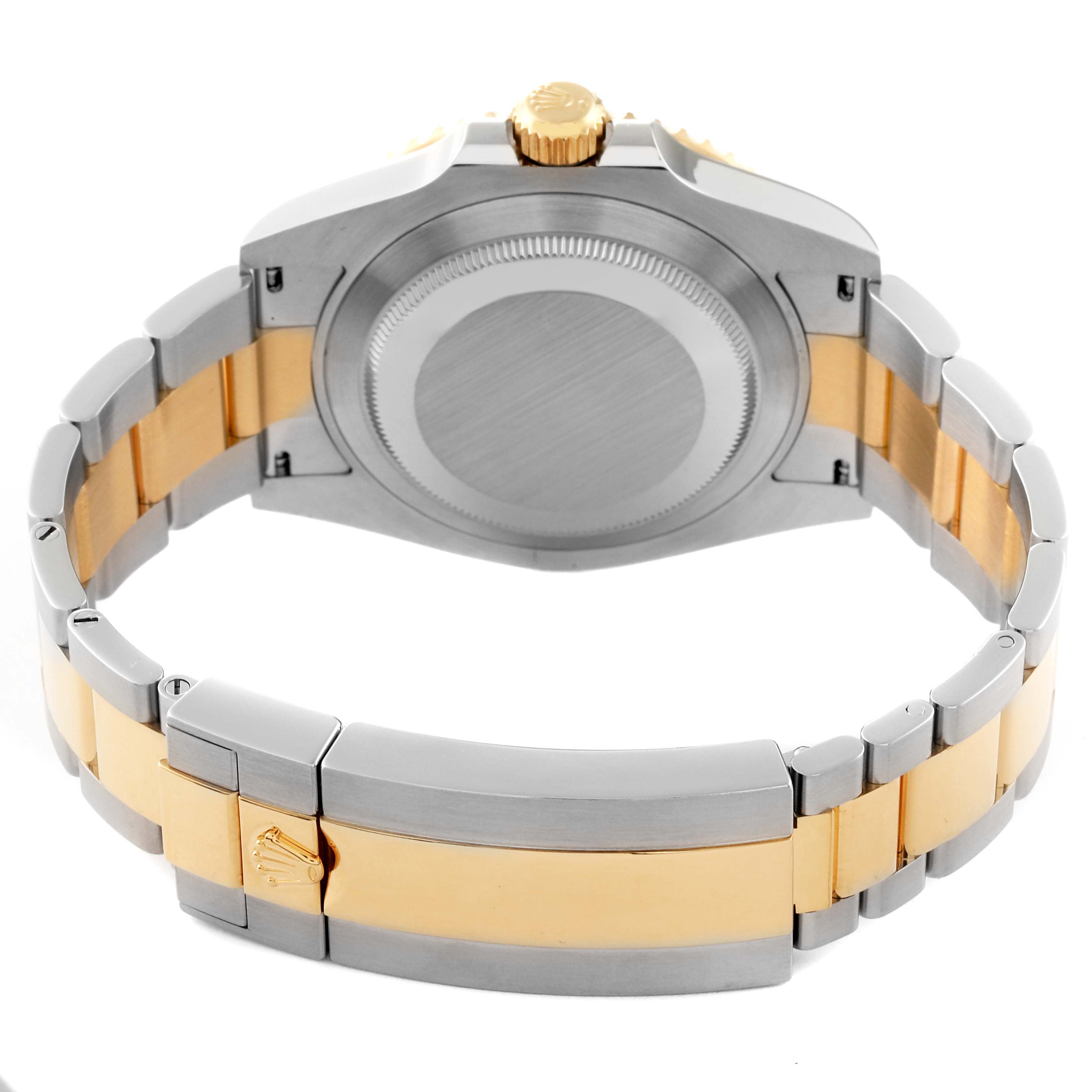 The image shows the back view of a Rolex Submariner 126613LB Men's Steel and Gold (two tone) Blue Dial 126613LB Men's Steel and Gold (two tone) Blue Dial watch, highlighting the case back, crown, and two-tone bracelet.