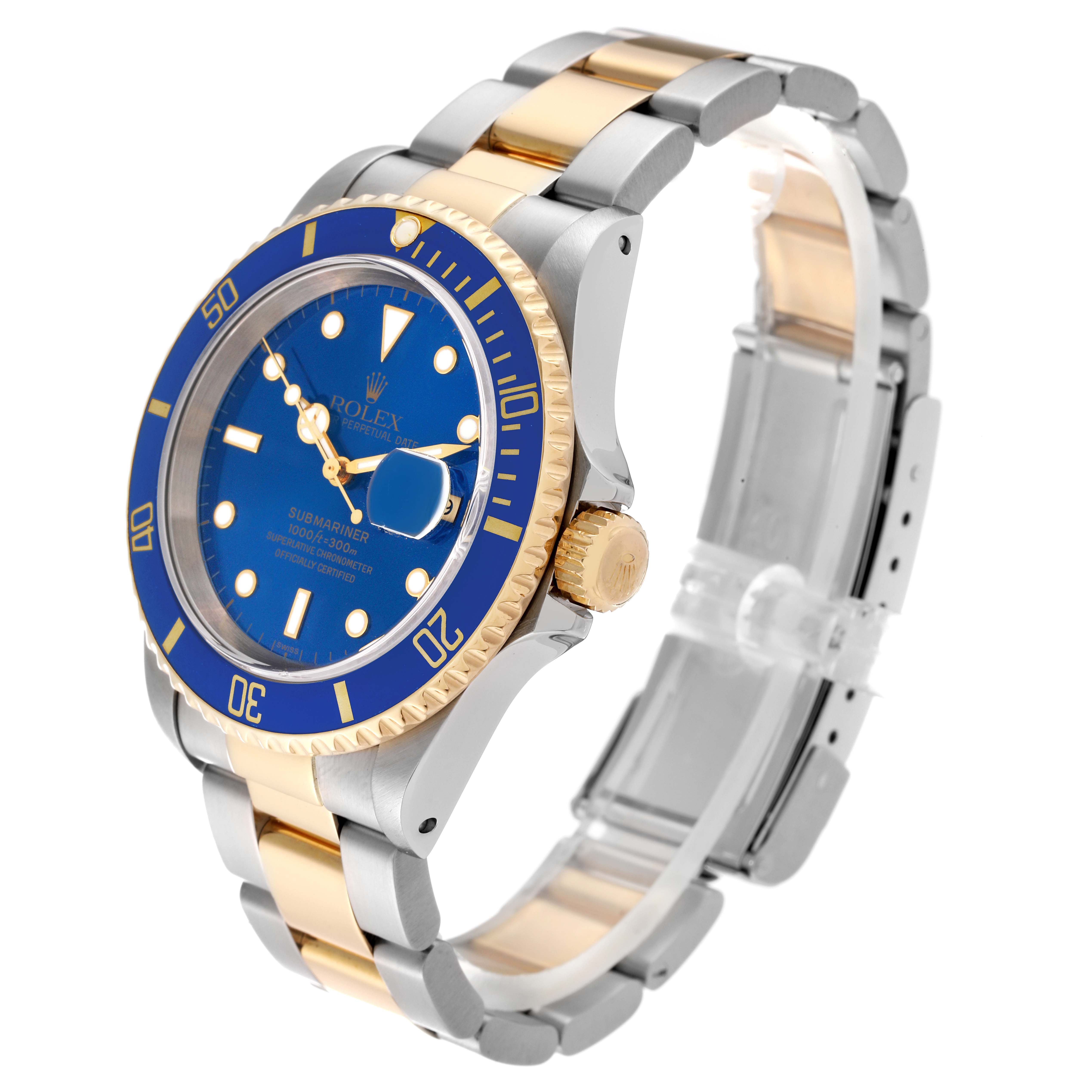 This image shows a Rolex Submariner 16613 Men's Steel and Gold (two tone) Blue Dial 16613 Men's Steel and Gold (two tone) Blue Dial from a three-quarter angle, highlighting the blue dial, gold bezel, crown, and bimetal bracelet.