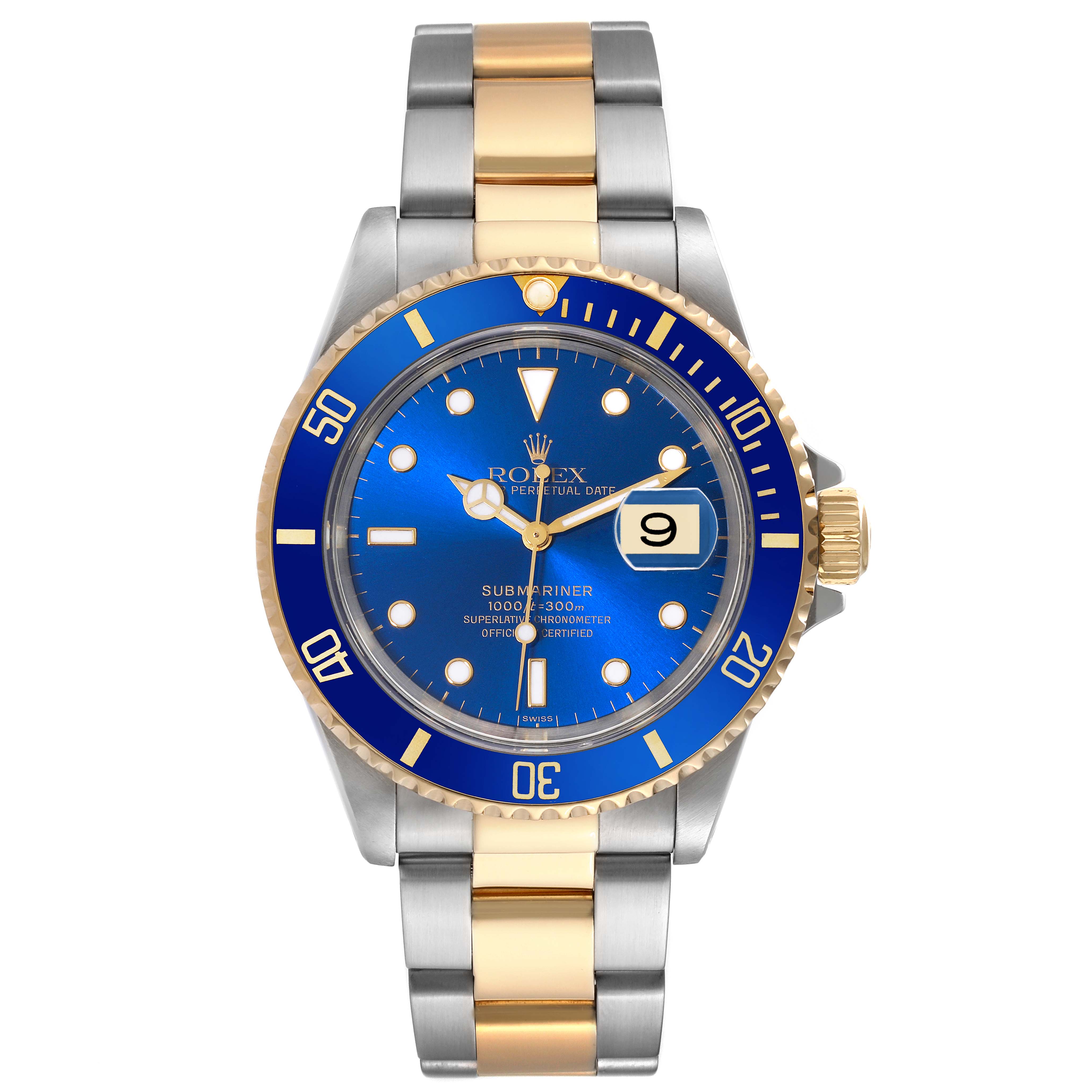 The Rolex Submariner 16613 Men's Steel and Gold (two tone) Blue Dial 16613 Men's Steel and Gold (two tone) Blue Dial watch is shown from a top-down angle, displaying the face, bezel, crown, and part of the bracelet.