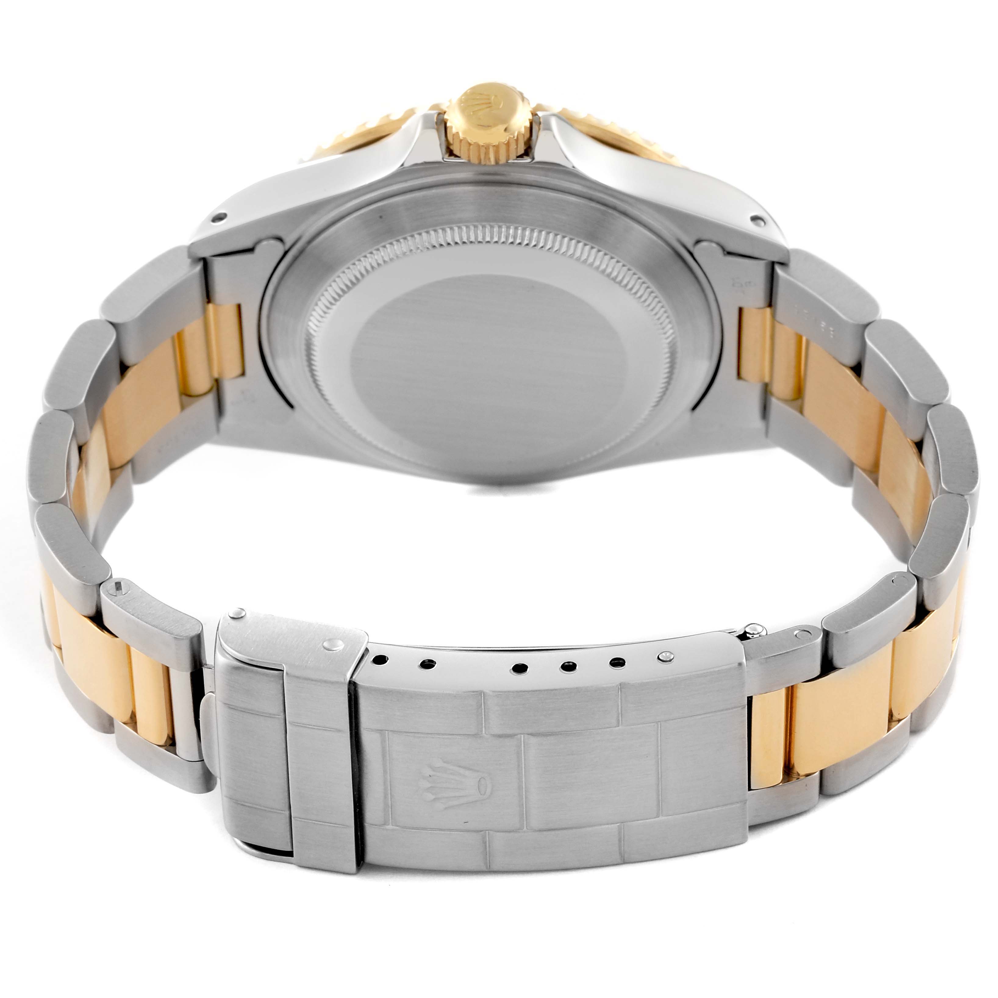 The image shows the back case and bracelet clasp of a Rolex Submariner 16613 Men's Steel and Gold (two tone) Blue Dial 16613 Men's Steel and Gold (two tone) Blue Dial watch in a two-tone metal design.
