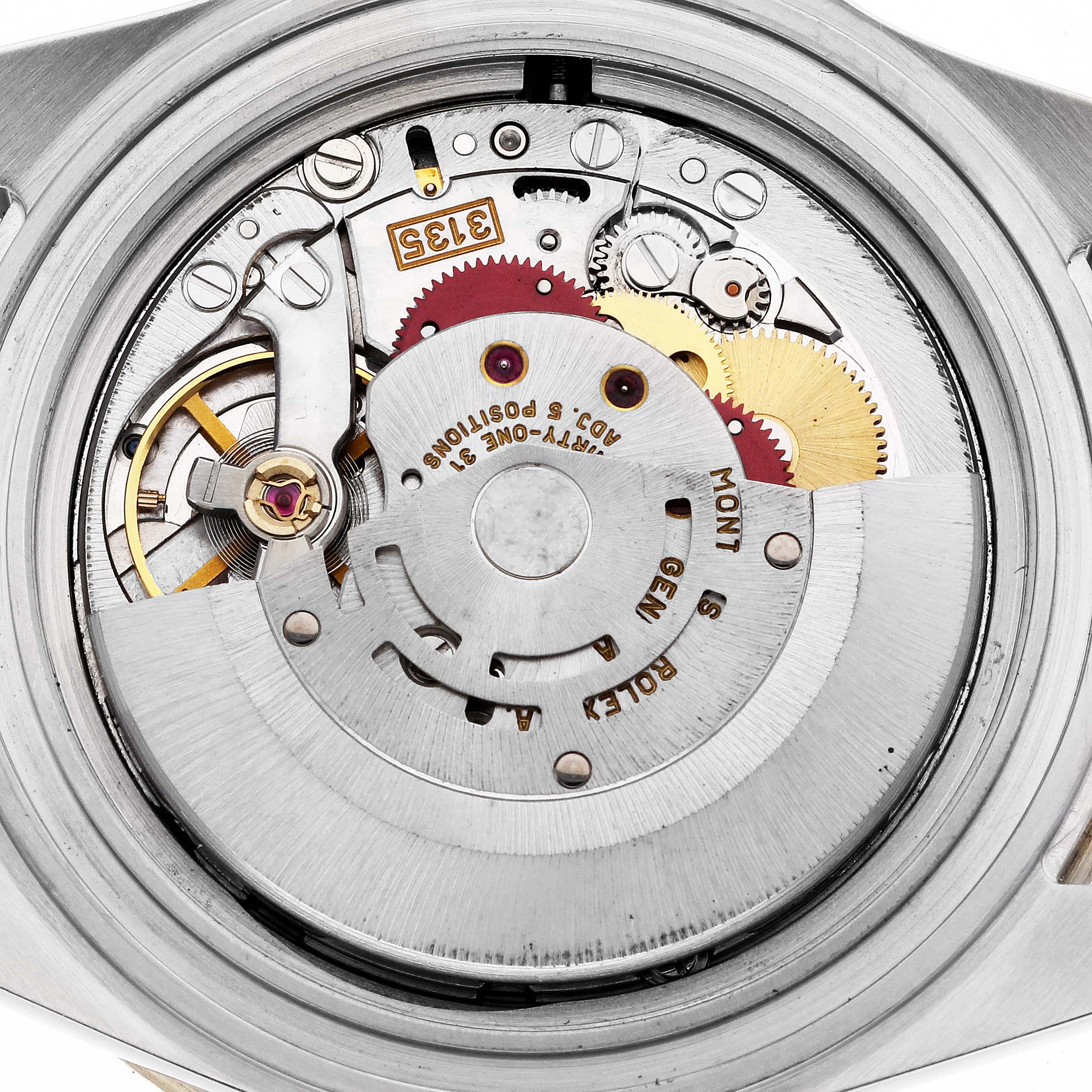 The image shows a close-up of the movement mechanism of a Rolex Submariner 16613 Men's Steel and Gold (two tone) Blue Dial 16613 Men's Steel and Gold (two tone) Blue Dial watch, highlighting its intricate internal components.