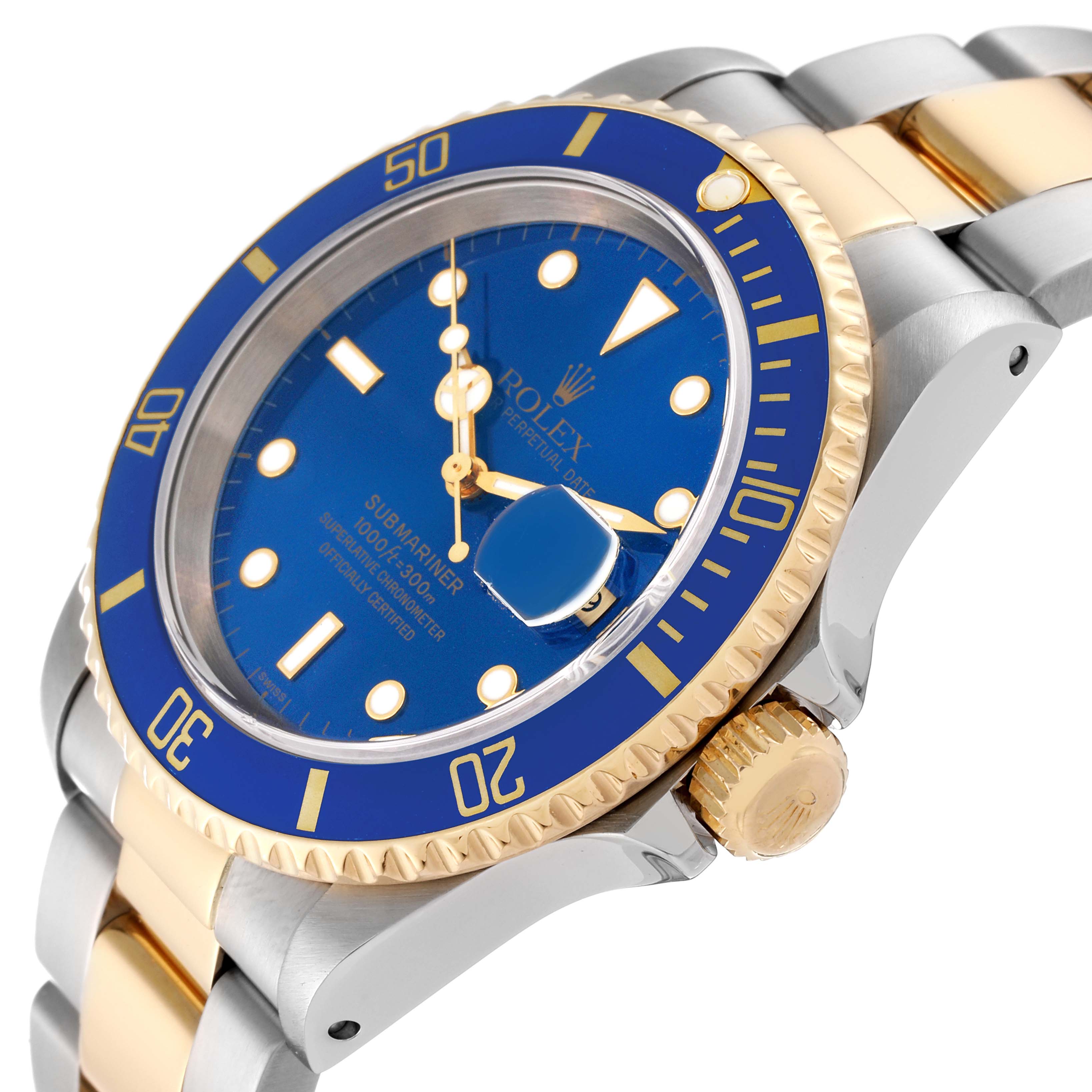 The image shows a close-up angled view of a Rolex Submariner 16613 Men's Steel and Gold (two tone) Blue Dial 16613 Men's Steel and Gold (two tone) Blue Dial watch, highlighting the blue dial, bezel, crown, and part of the bracelet.