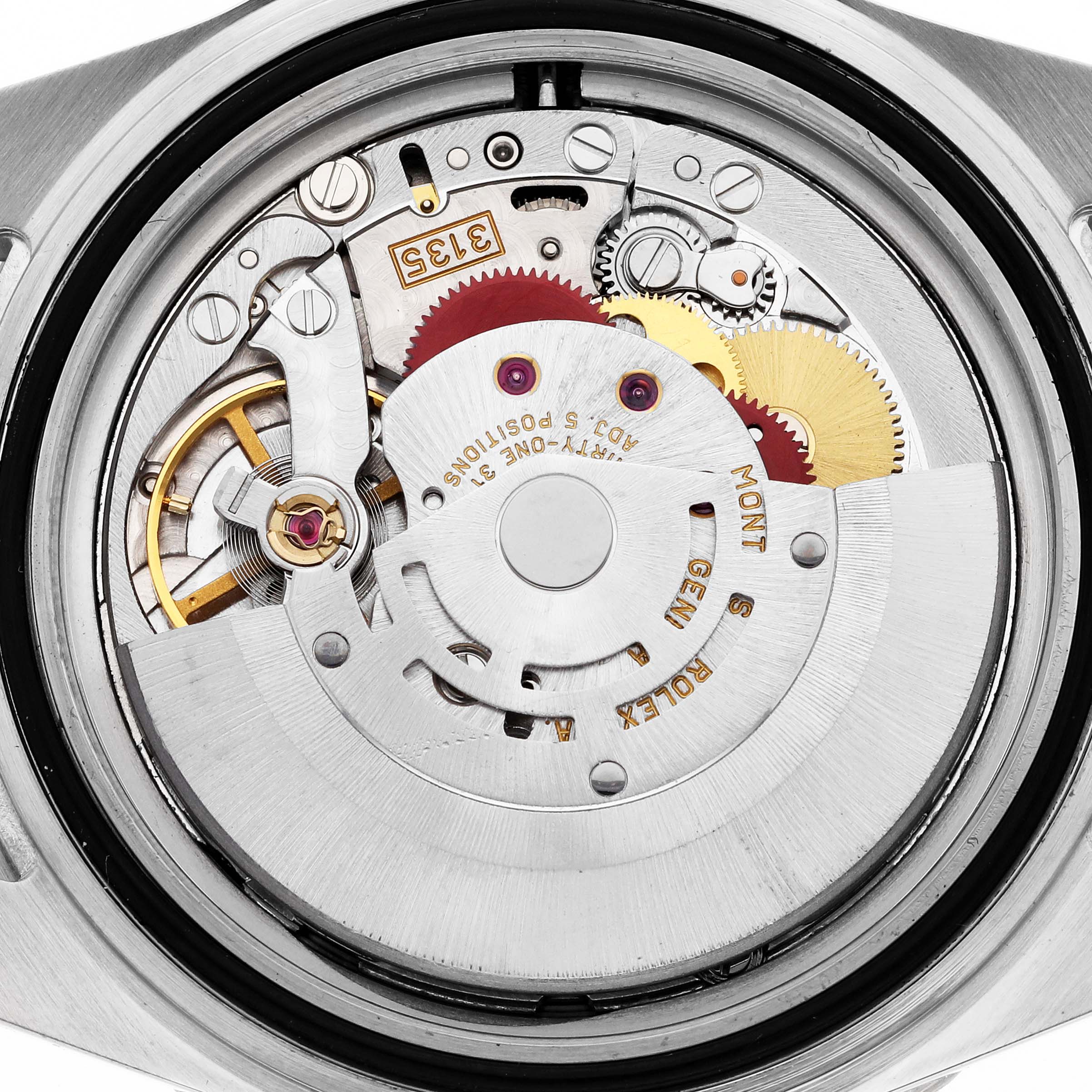 This is a close-up view of the internal movement mechanism of the Rolex Submariner 16613 Men's Steel and Gold (two tone) Blue Dial 16613 Men's Steel and Gold (two tone) Blue Dial watch.