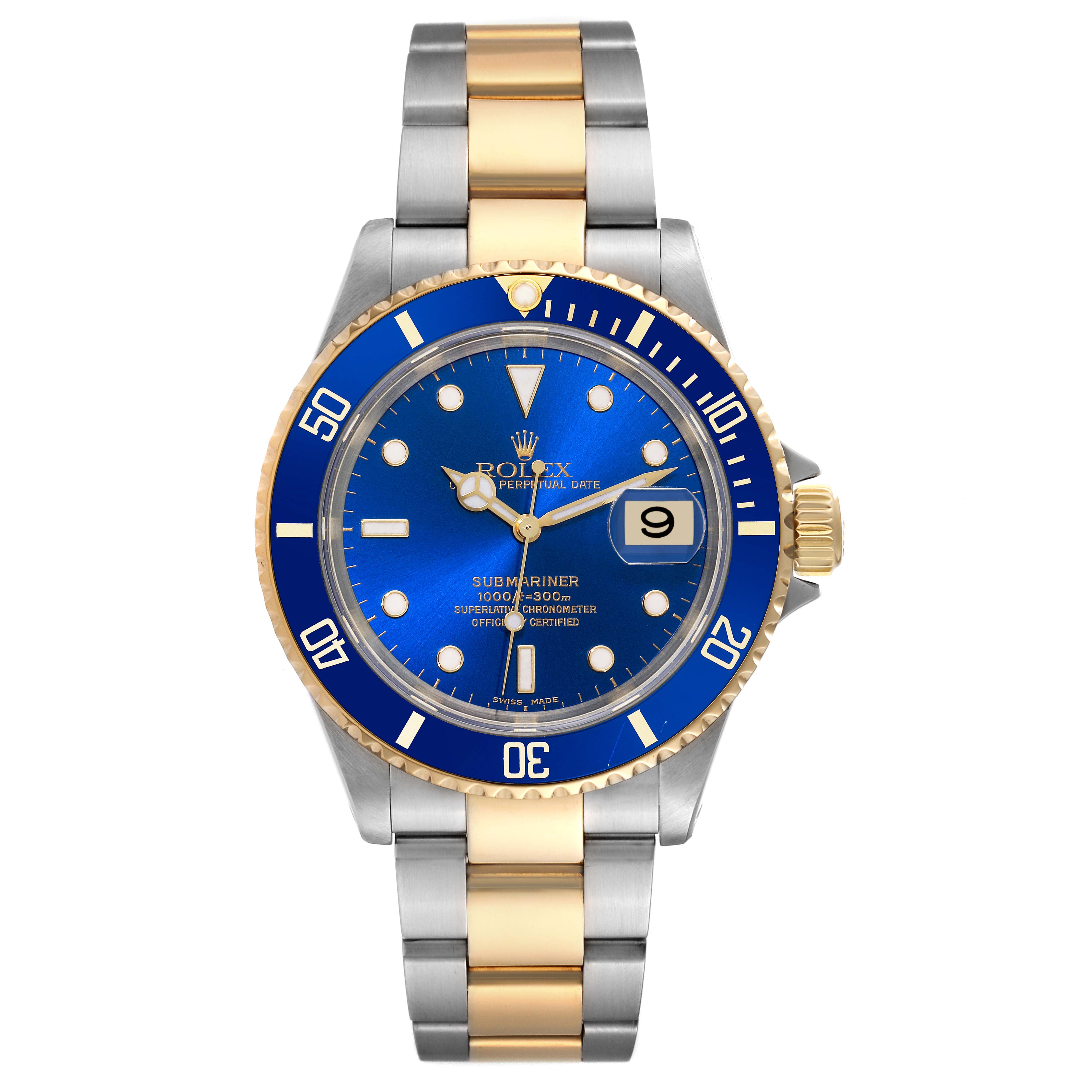 This image shows a frontal view of a Rolex Submariner 16613 Men's Steel and Gold (two tone) Blue Dial 16613 Men's Steel and Gold (two tone) Blue Dial watch with a blue dial and a two-tone metal band.