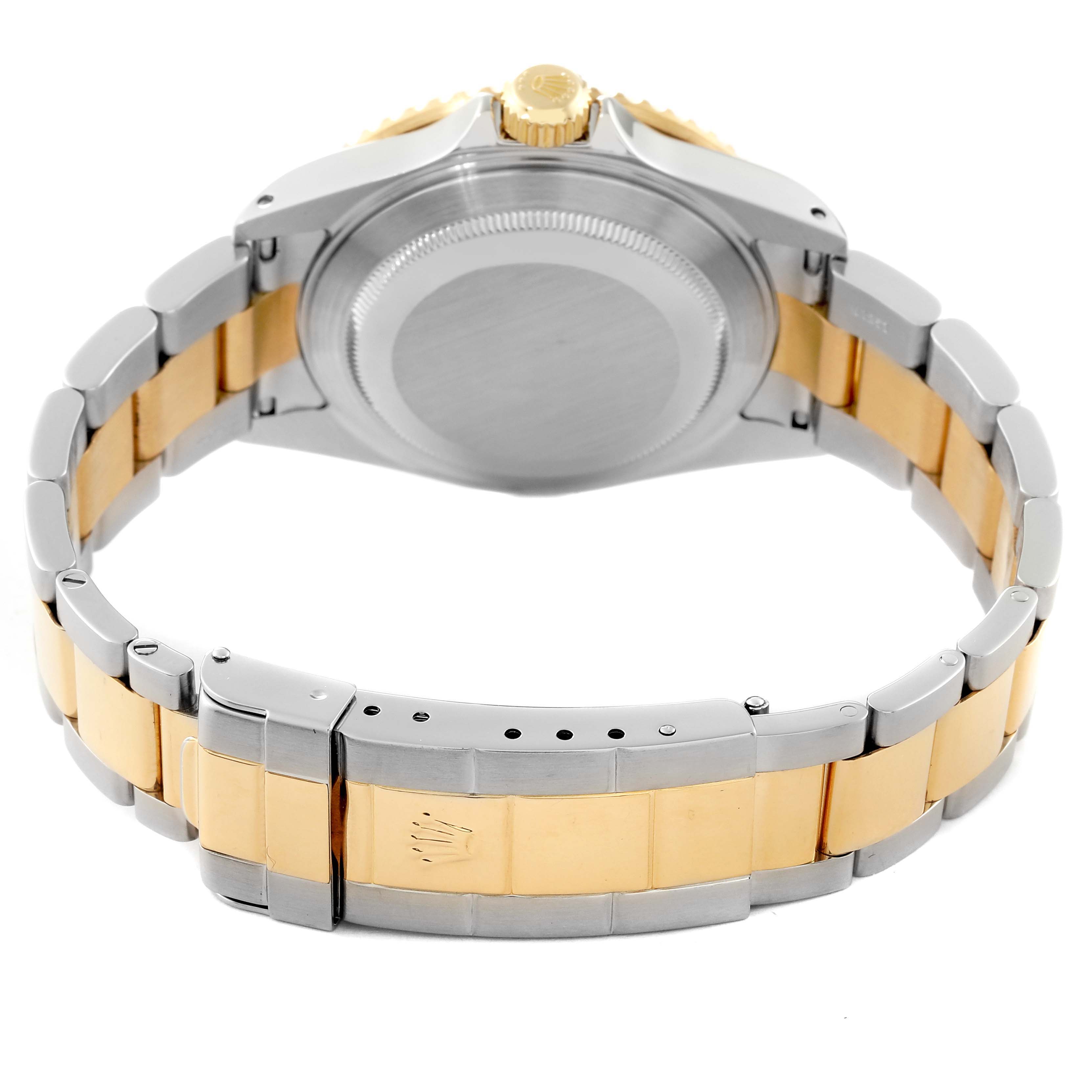 The image shows the back case and bracelet of a Rolex Submariner 16613 Men's Steel and Gold (two tone) Blue Dial 16613 Men's Steel and Gold (two tone) Blue Dial watch at a rear angle.