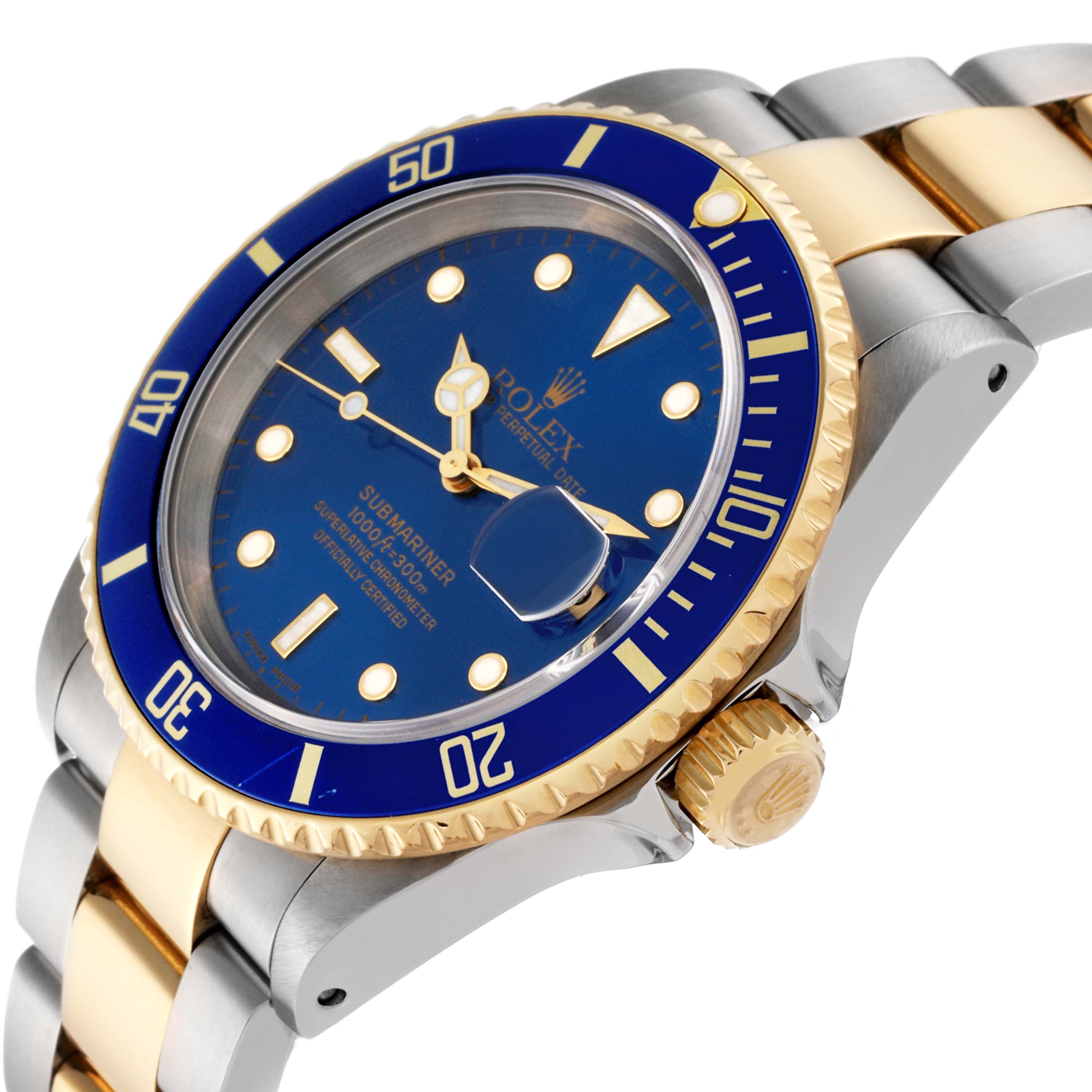 The image shows a side view of a Rolex Submariner 16613 Men's Steel and Gold (two tone) Blue Dial 16613 Men's Steel and Gold (two tone) Blue Dial watch, highlighting the blue dial, bezel, and two-tone bracelet.