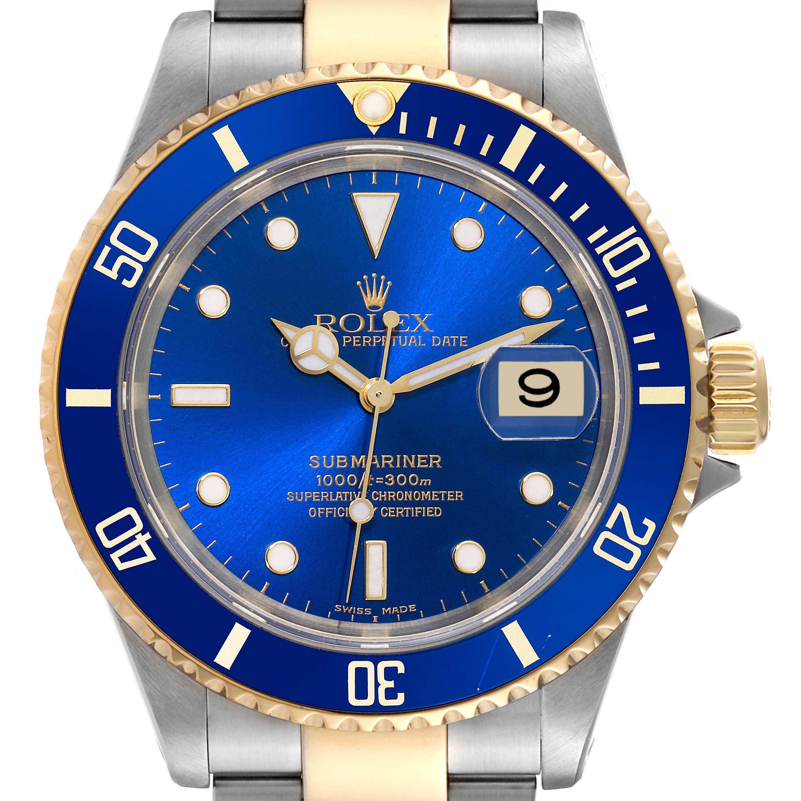 The image shows a frontal view of a Rolex Submariner 16613 Men's Steel and Gold (two tone) Blue Dial 16613 Men's Steel and Gold (two tone) Blue Dial watch with a blue dial and bezel, and the date displayed at the 3 o'clock position.