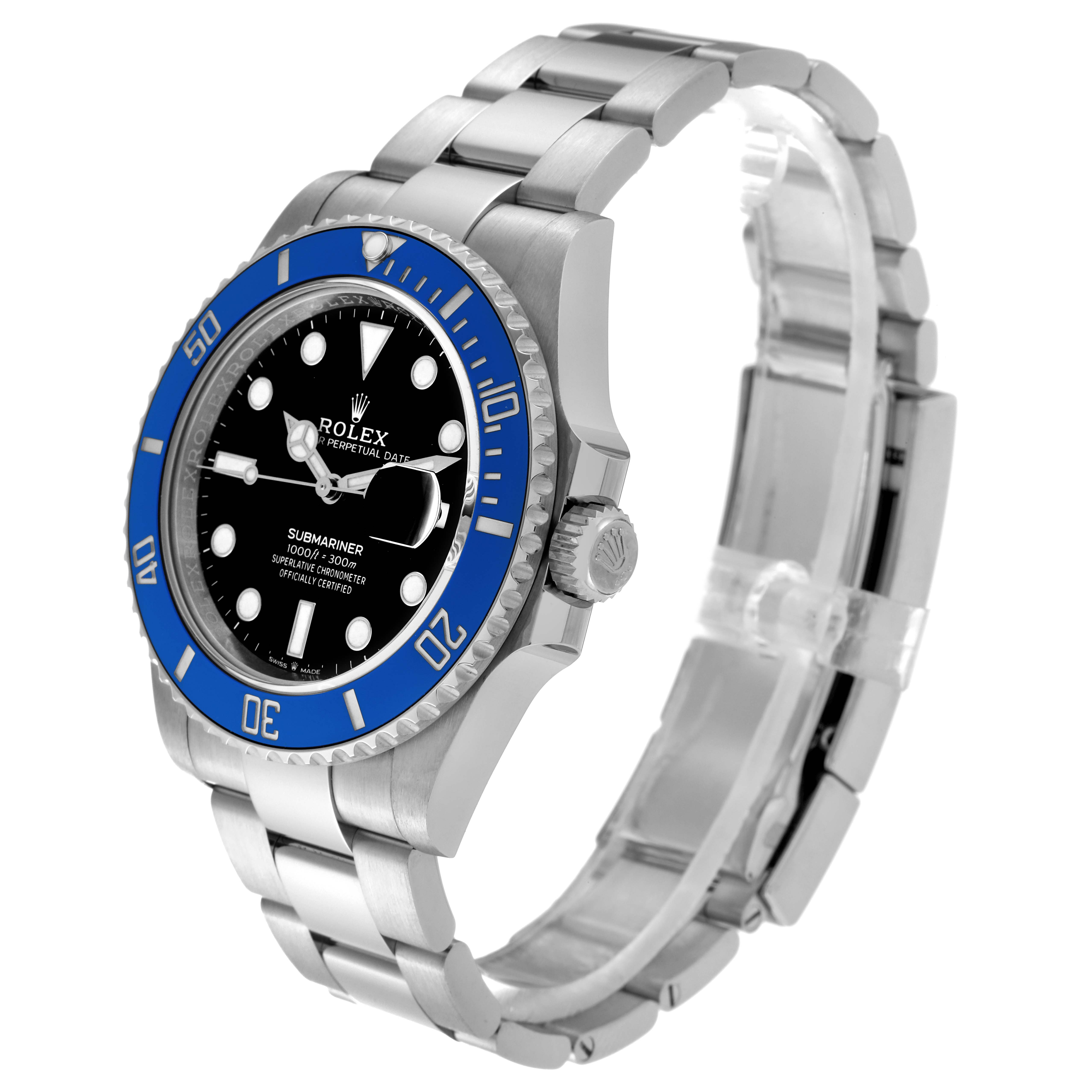The image shows a side-angle view of a Rolex Submariner 126619 Men's White Gold Black Dial 126619 Men's White Gold Black Dial watch, highlighting the dial, bezel, and bracelet.