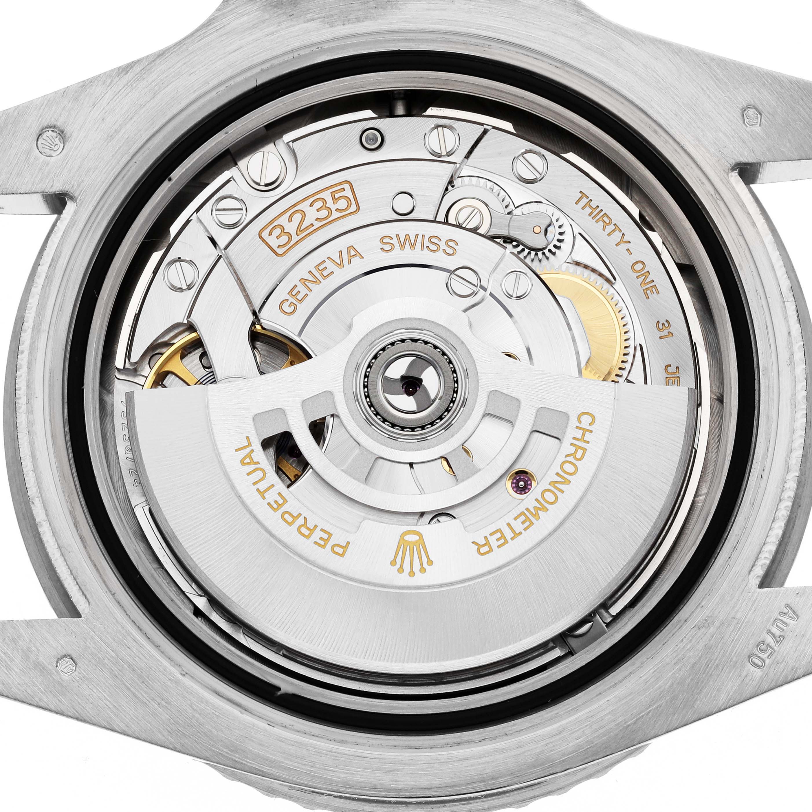 This image shows the movement and intricate inner workings of a Rolex Submariner 126619 Men's White Gold Black Dial 126619 Men's White Gold Black Dial watch from an overhead angle.
