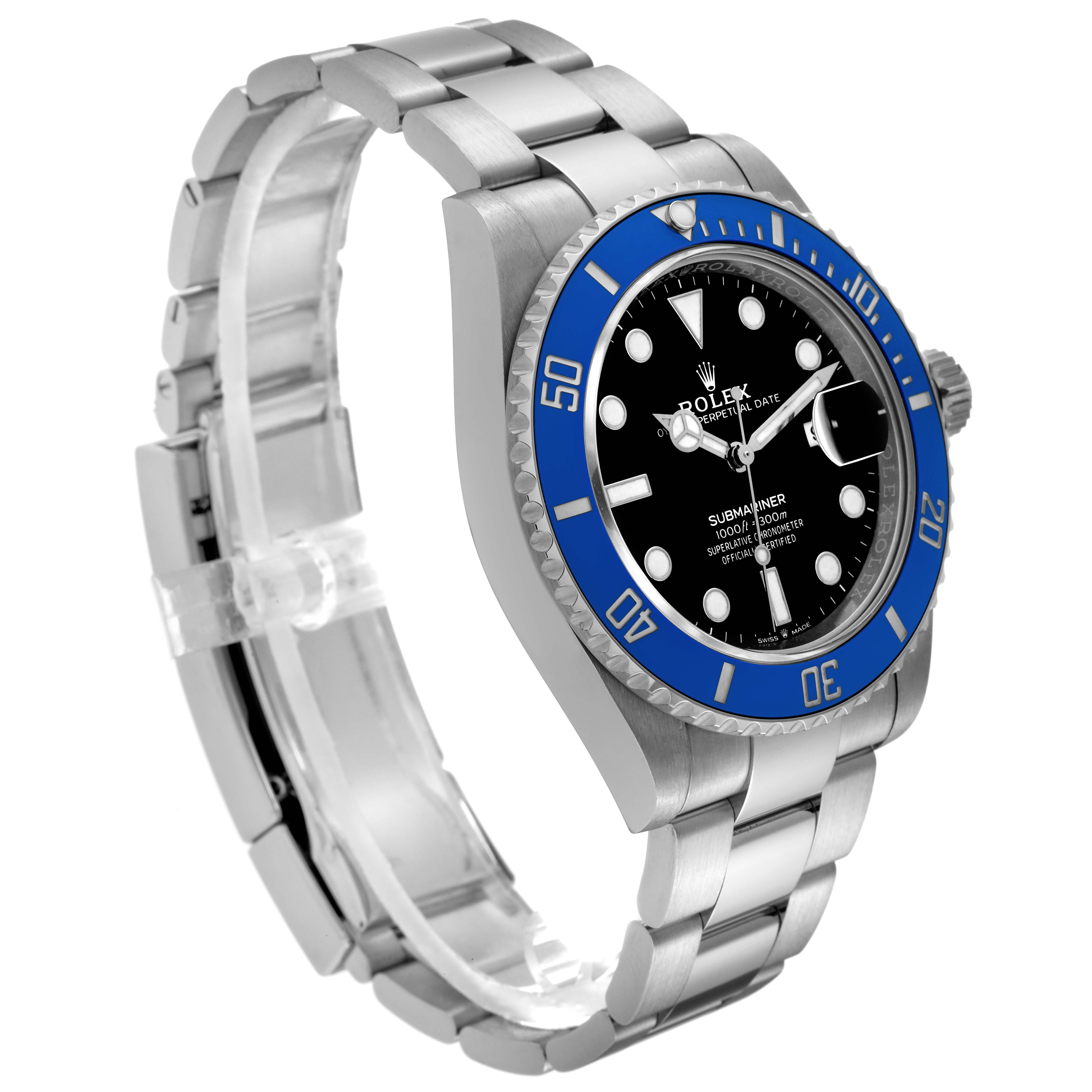 This image shows a Rolex Submariner 126619 Men's White Gold Black Dial 126619 Men's White Gold Black Dial watch from a three-quarter perspective, highlighting its blue bezel, black dial, and stainless steel bracelet.