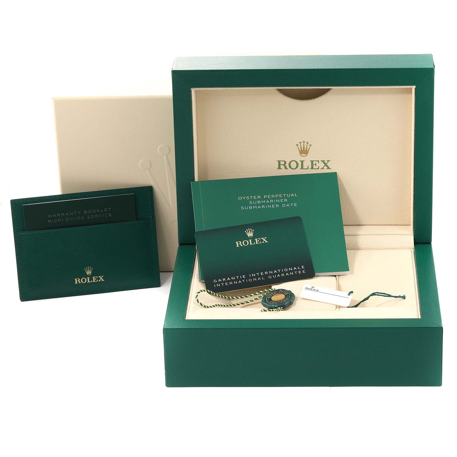 The image shows the Rolex Submariner 126619 Men's White Gold Black Dial 126619 Men's White Gold Black Dial's box, warranty booklet, guarantee card, and a tag from a frontal angle.
