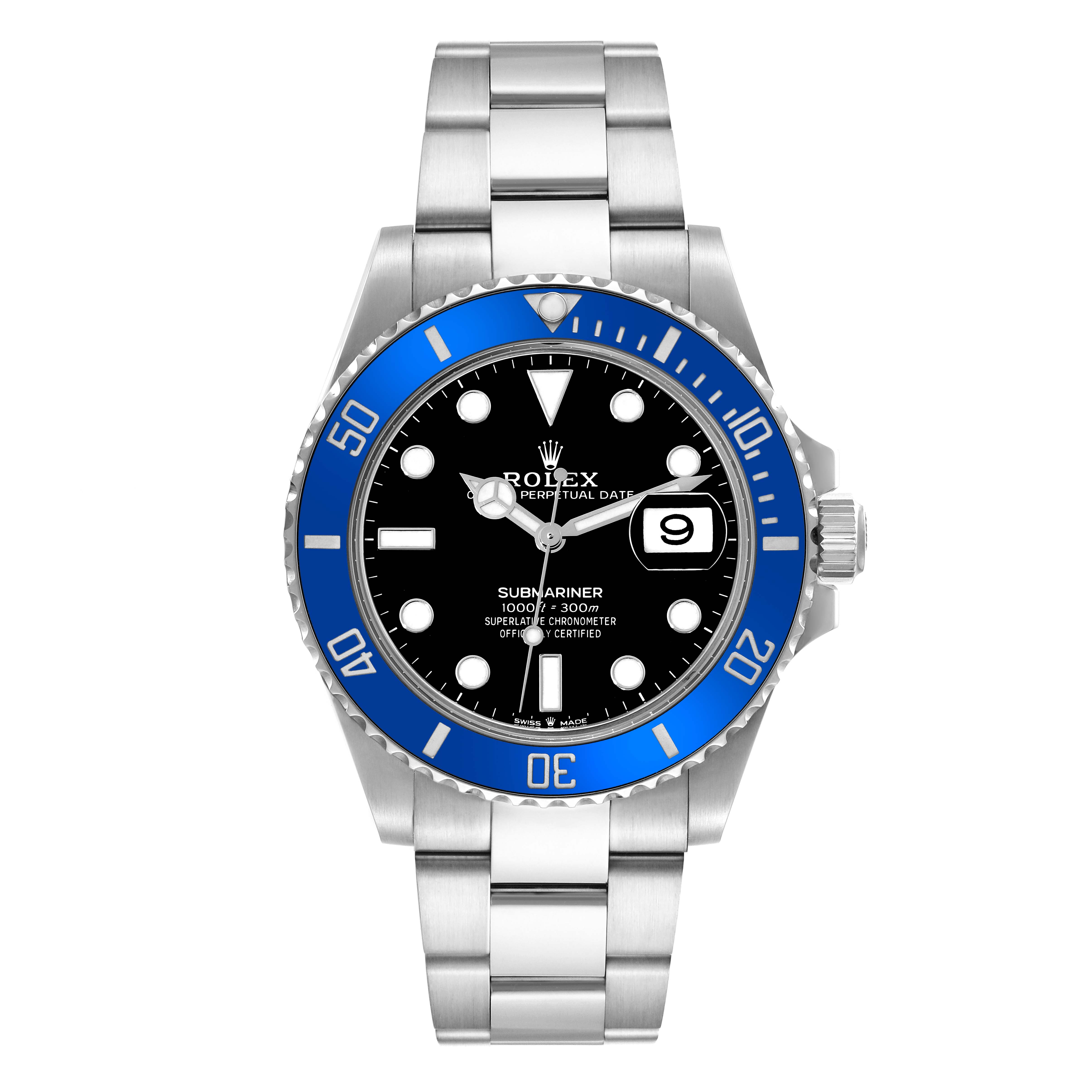 The image shows a front angle view of a Rolex Submariner 126619 Men's White Gold Black Dial 126619 Men's White Gold Black Dial watch, featuring its blue bezel, black dial, and stainless steel bracelet.