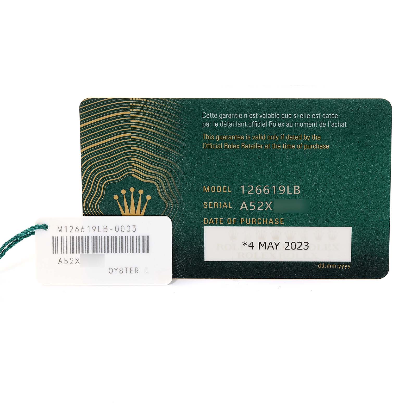 This image shows a warranty card and a tag for a Rolex Submariner 126619 Men's White Gold Black Dial 126619 Men's White Gold Black Dial model 126619LB, with a purchase date of 4 May 2023.