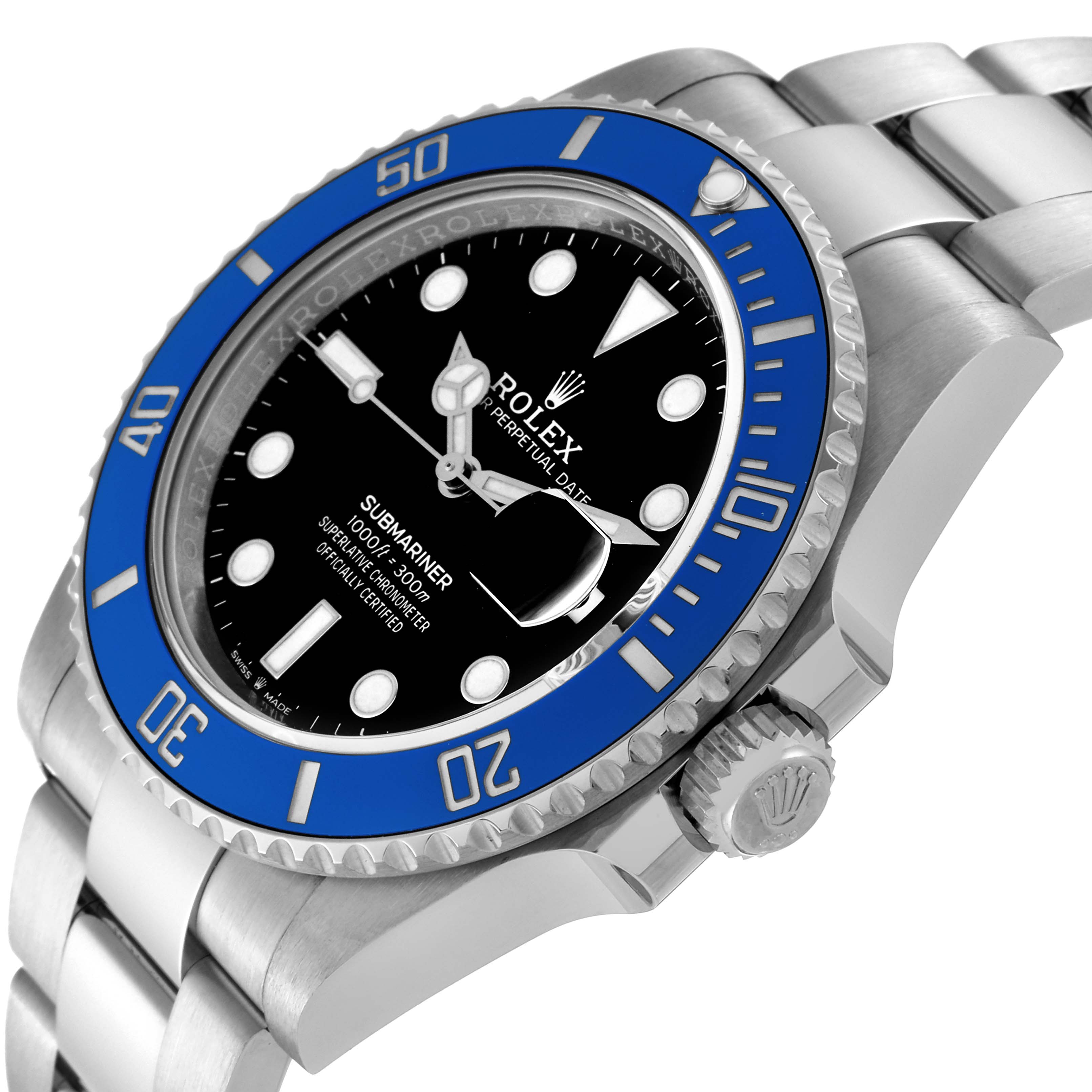 This image shows a close-up angled view of a Rolex Submariner 126619 Men's White Gold Black Dial 126619 Men's White Gold Black Dial watch, highlighting its blue bezel, black dial, bracelet, and crown.