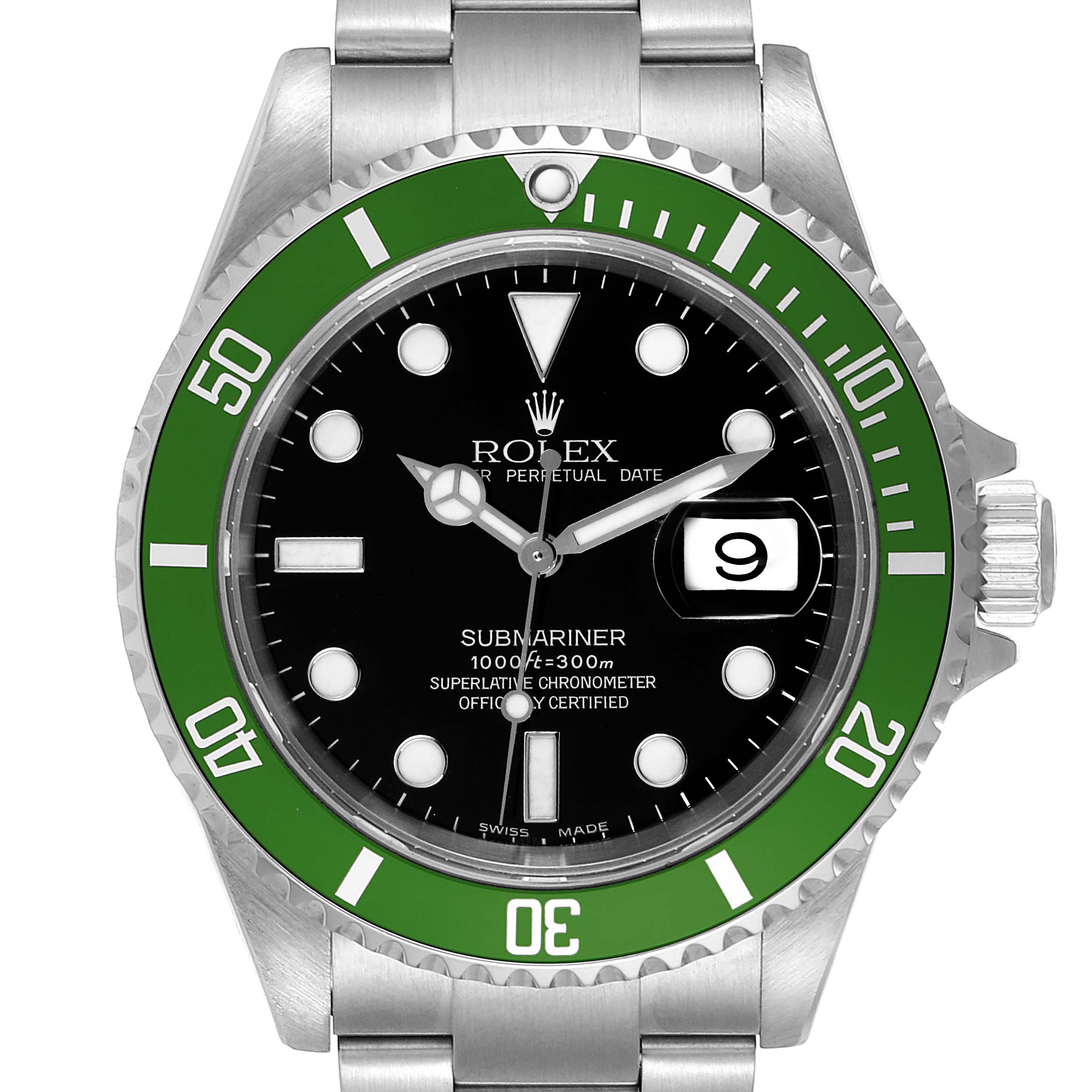 The image shows a frontal view of the Rolex Submariner 16610LV Men
s Stainless Steel Black Dial 16610LV Men
s Stainless Steel Black Dial watch, highlighting its dial, bezel, and bracelet.