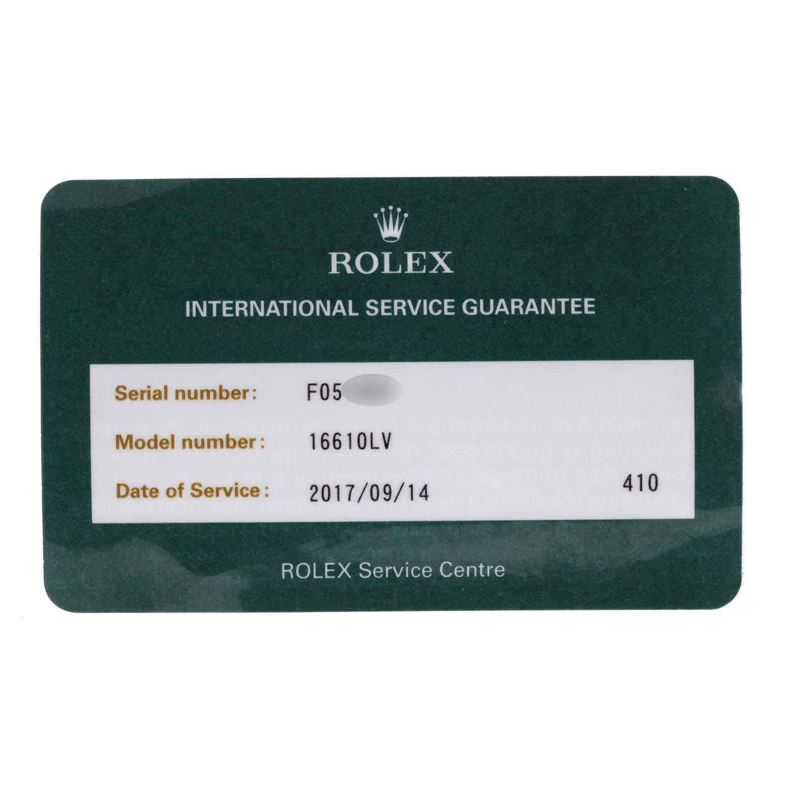 This image shows an international service guarantee card for the Rolex Submariner 16610LV Men
s Stainless Steel Black Dial 16610LV Men
s Stainless Steel Black Dial model 16610LV.
