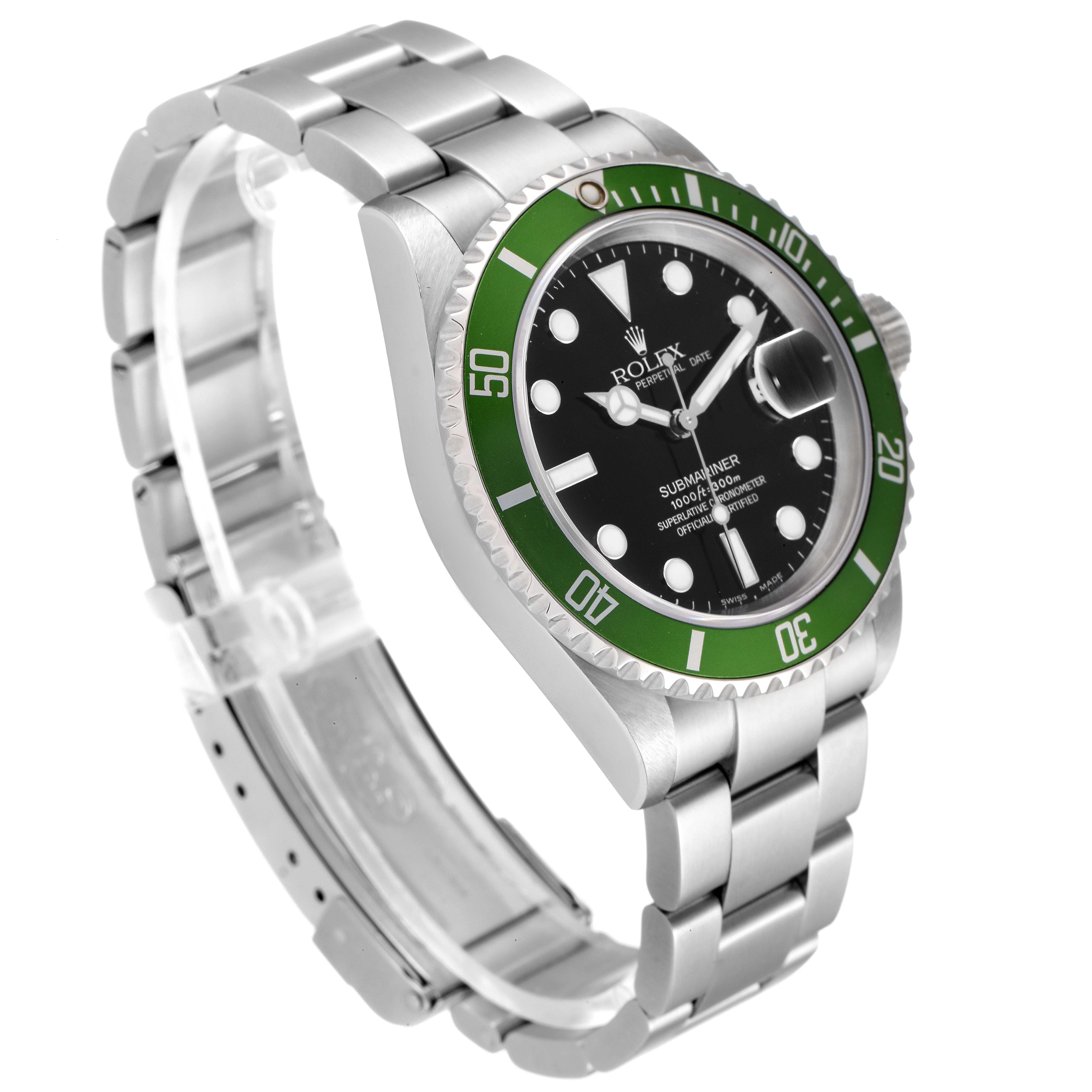 This image shows a Rolex Submariner 16610LV Men
s Stainless Steel Black Dial 16610LV Men
s Stainless Steel Black Dial watch at a three-quarter angle, highlighting its green bezel, black dial, and stainless steel bracelet.