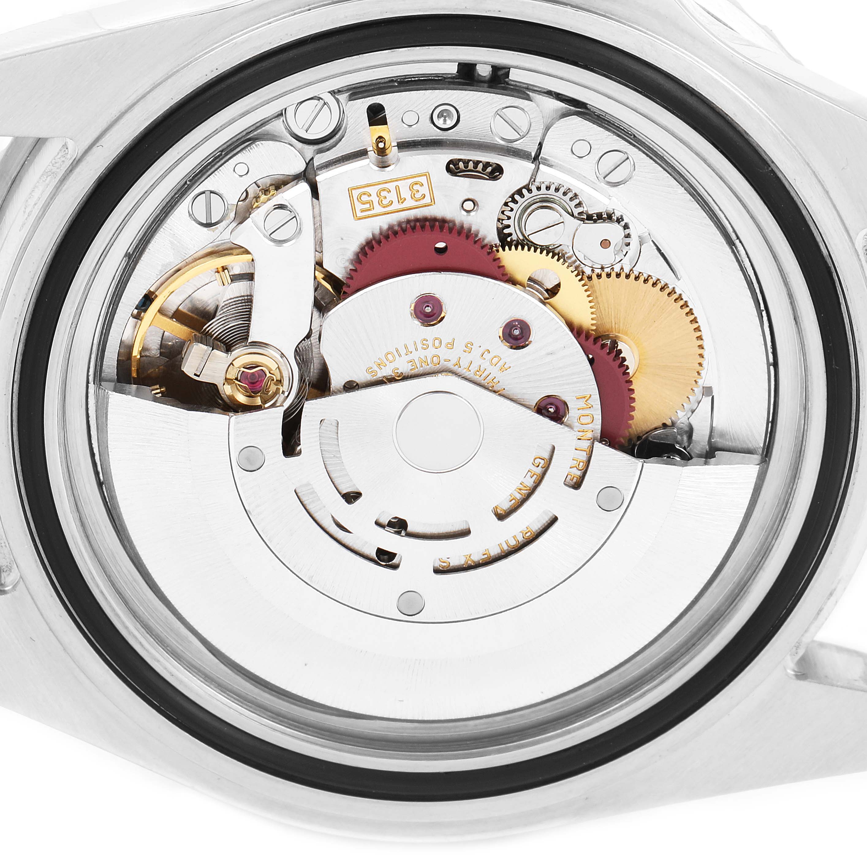 This image shows the inner mechanical movement of a Rolex Submariner 16610LV Men
s Stainless Steel Black Dial 16610LV Men
s Stainless Steel Black Dial watch from a rear open-case angle.