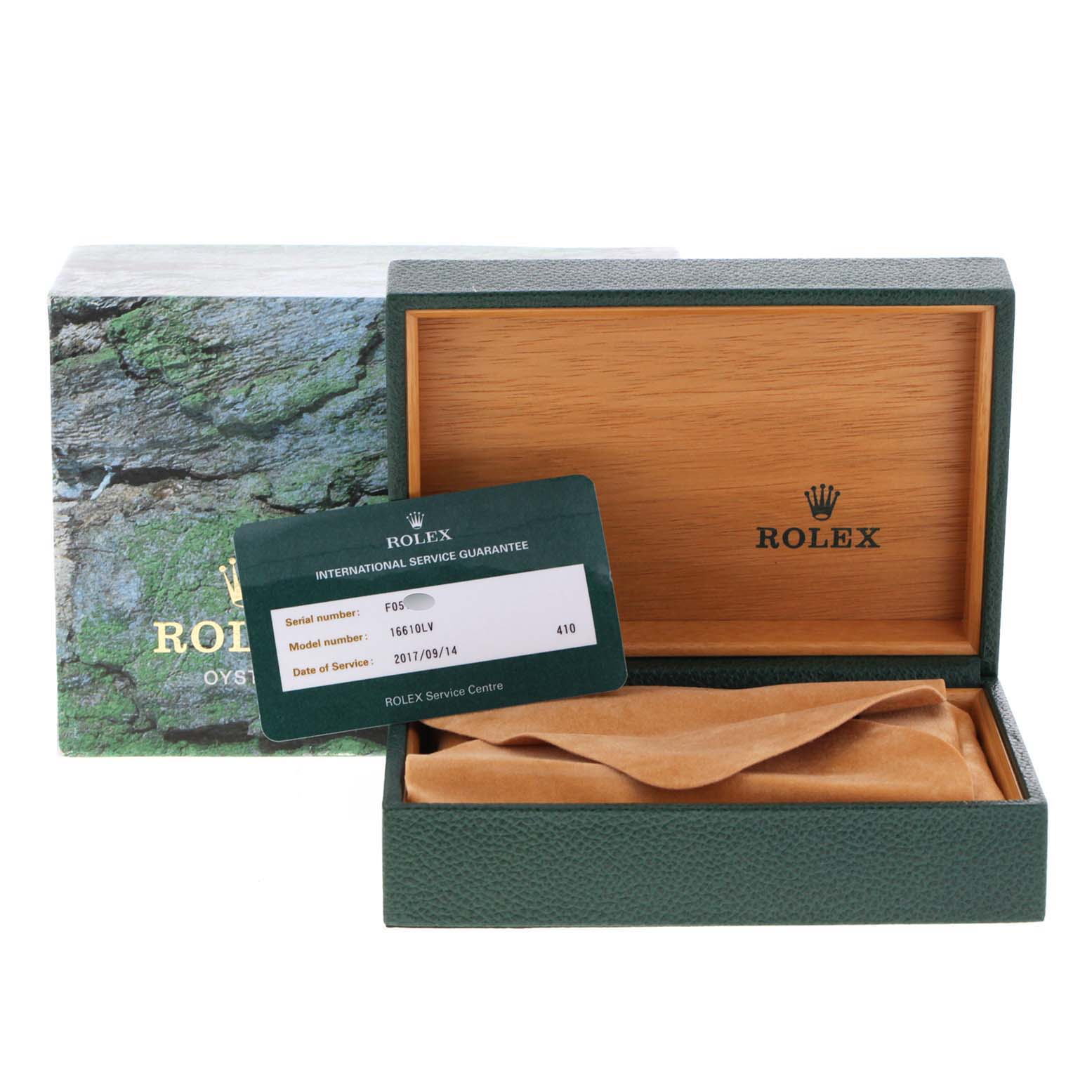 The image shows a Rolex Submariner 16610LV Men
s Stainless Steel Black Dial 16610LV Men
s Stainless Steel Black Dial watch box and an international service guarantee card.