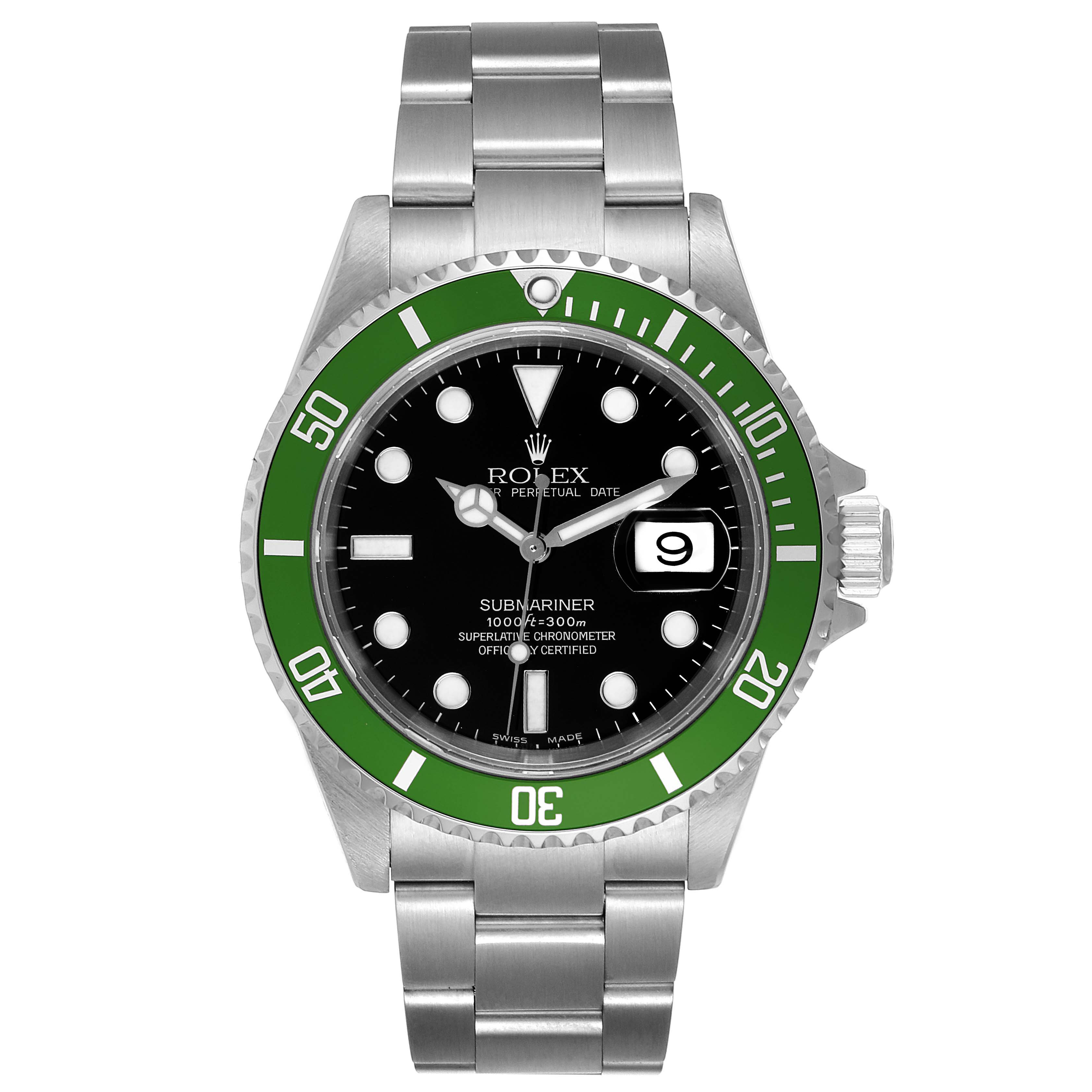This image shows a Rolex Submariner 16610LV Men
s Stainless Steel Black Dial 16610LV Men
s Stainless Steel Black Dial watch from a frontal view, displaying its green bezel, black dial, and stainless steel bracelet.