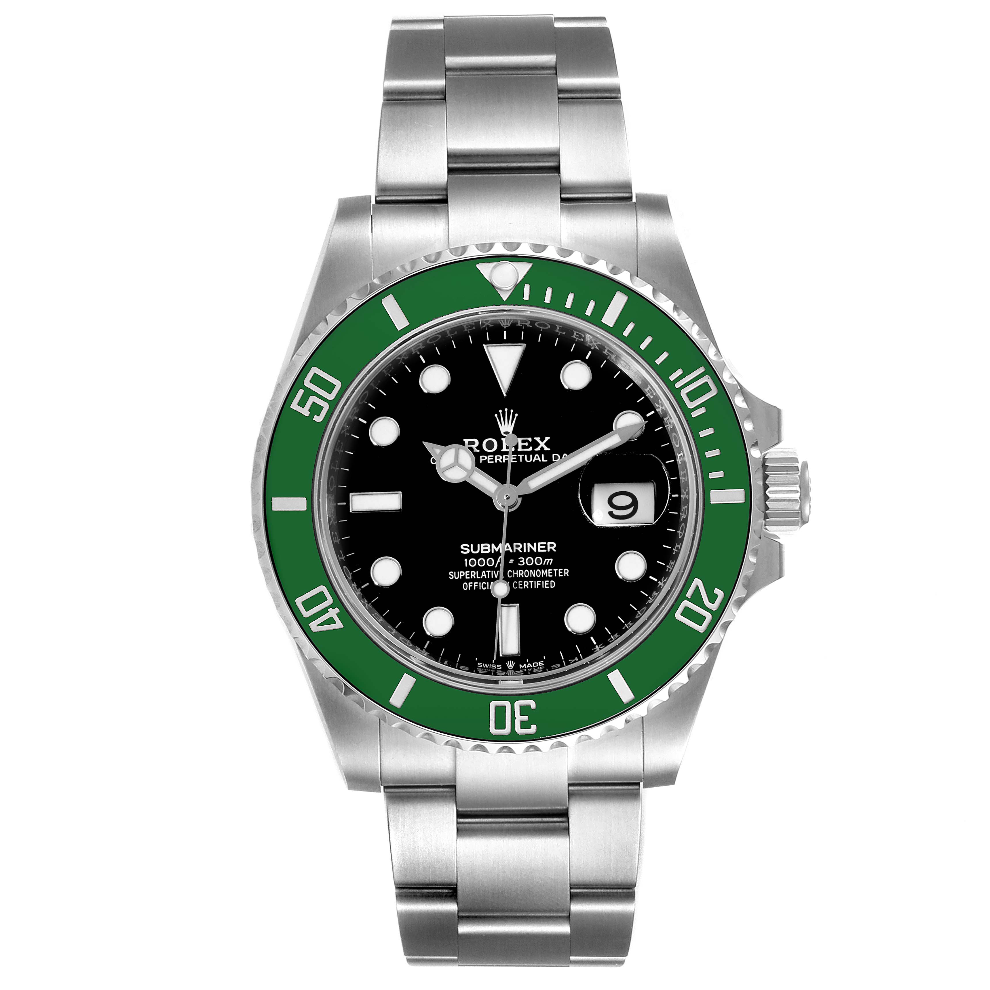 This image shows a Rolex Submariner 126610LV Men
s Stainless Steel Black Dial 126610LV Men
s Stainless Steel Black Dial watch from a front angle, displaying its green bezel, black dial, and steel bracelet.