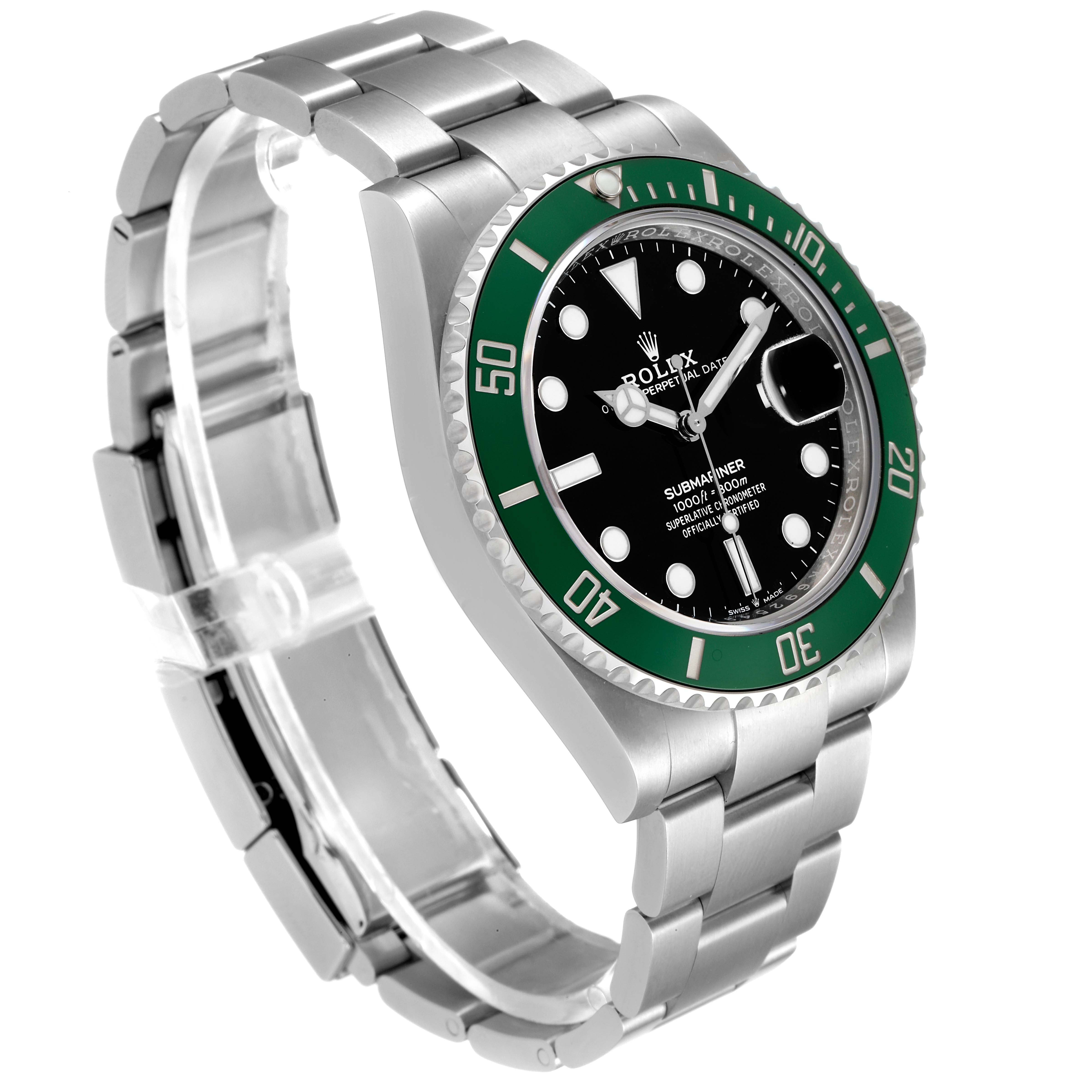 This image shows a side-angle view of the Rolex Submariner 126610LV Men
s Stainless Steel Black Dial 126610LV Men
s Stainless Steel Black Dial watch, highlighting its green bezel, black dial, and silver bracelet.