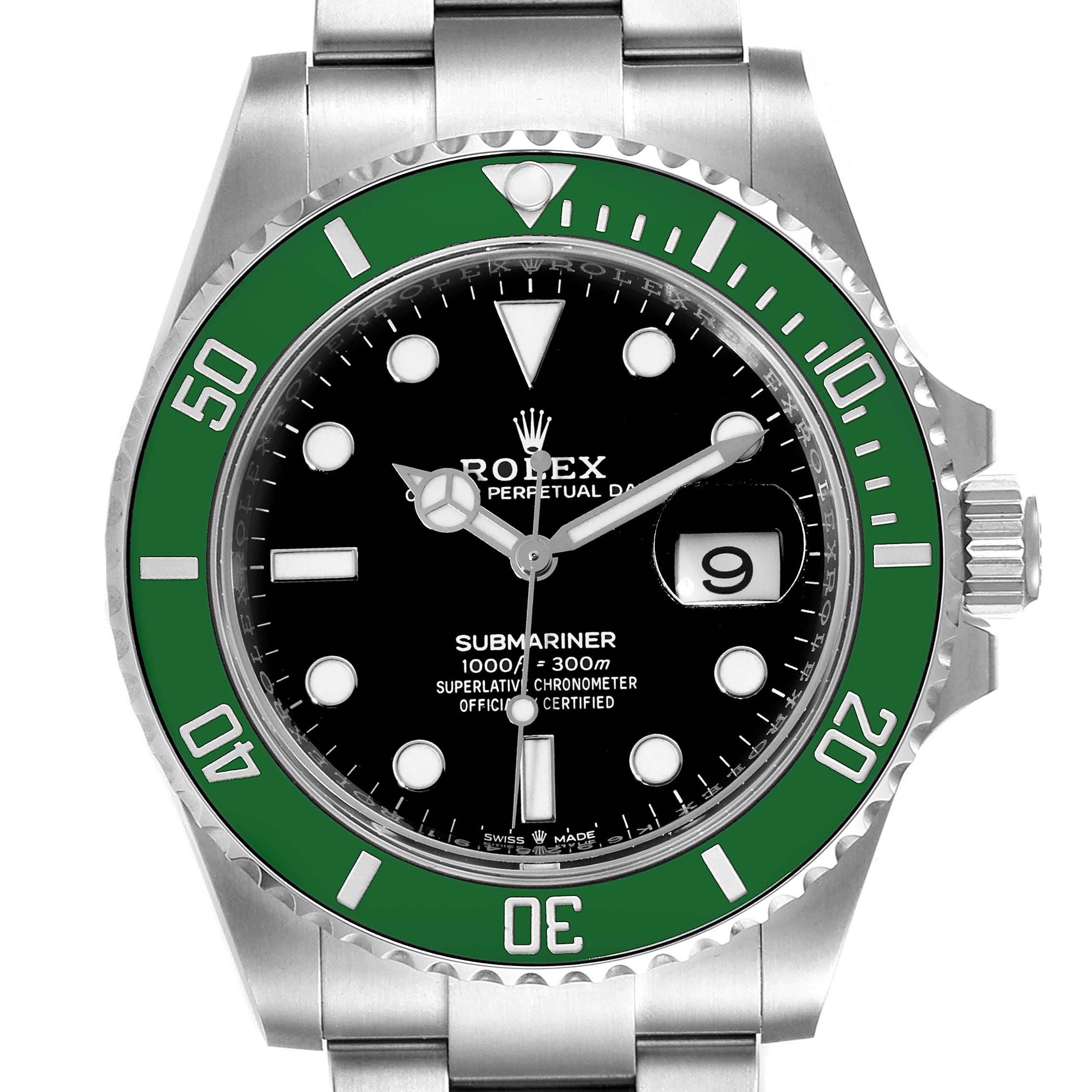 This image shows a front-facing view of a Rolex Submariner 126610LV Men
s Stainless Steel Black Dial 126610LV Men
s Stainless Steel Black Dial watch, highlighting its green bezel, black dial, and metal bracelet.